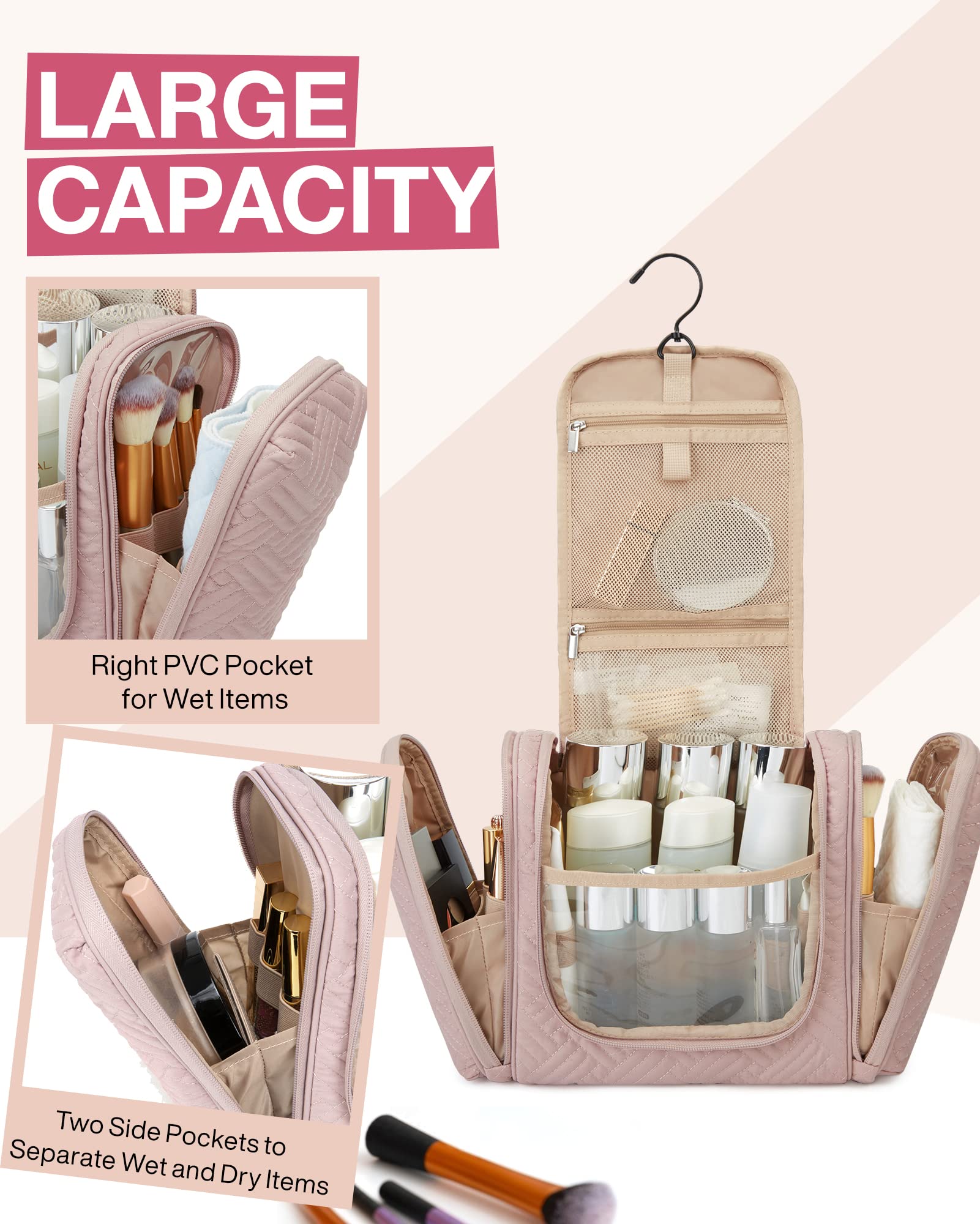 BAGSMART Full Sized Travel Toiletry Bag, Water-resistant Cosmetic Makeup Bag with Hanging Hook, Large Capacity Travel Toiletries Organizer Accessories Essentials for Women & Men, Pink