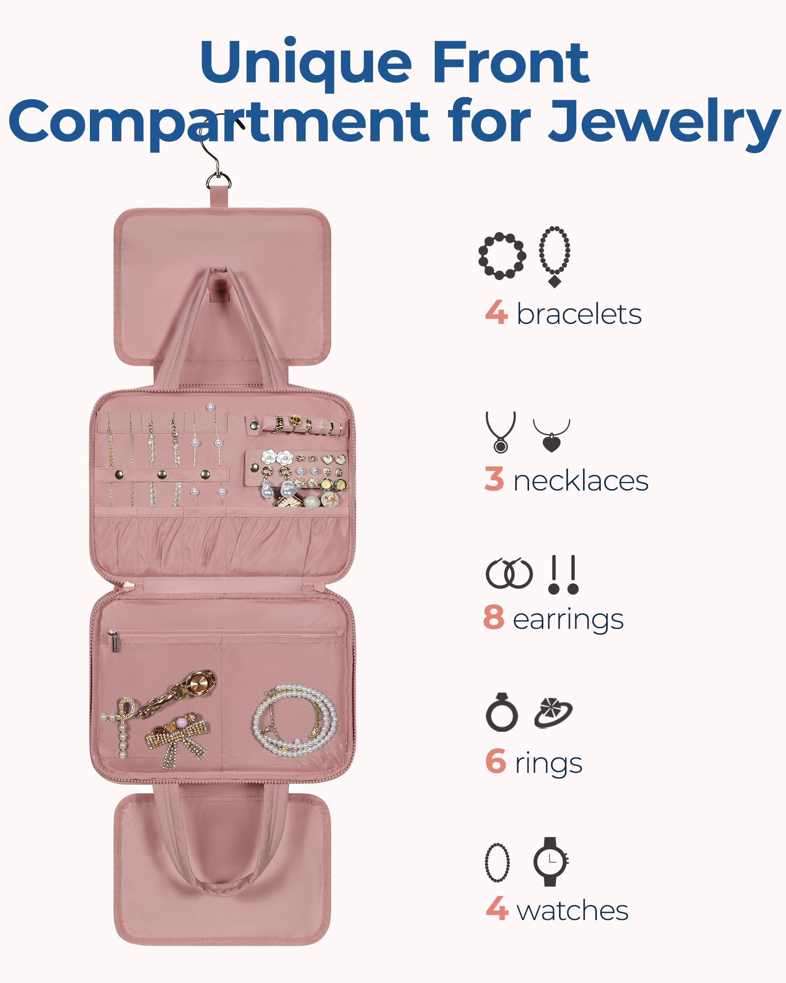 BAGSMART Travel Toiletry Bag with Jewelry Organizer, Puffy Makeup Cosmetic Bag with Hanging Hook for Toiletries Accessories Essentials, Women & Men, Medium Size-Dark Pink