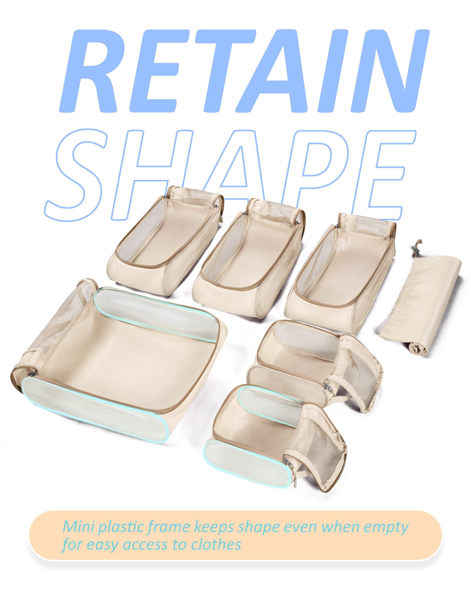 BAGSMART Packing Cubes for Luggage, 7 Set Keep Shape Travel Packing Organizers, Lightweight Suitcase Storage Bags for Travel Accessories with Shoe Bag for Women Men, White Opal