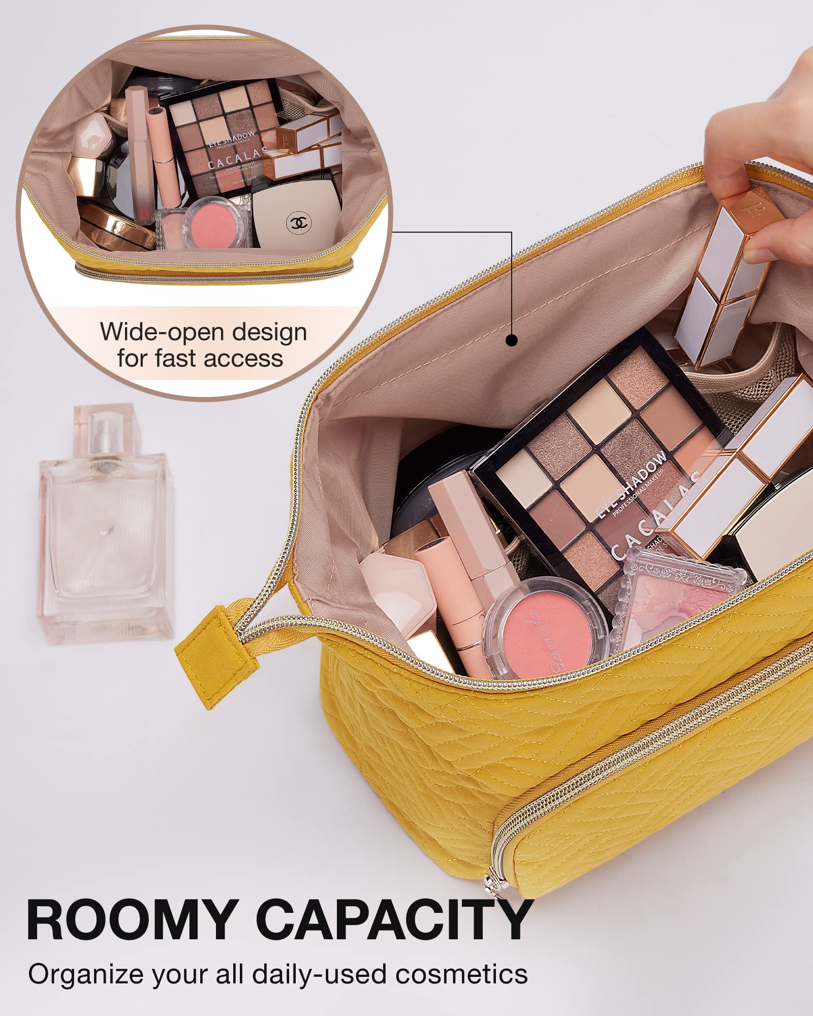 BAGSMART Large Size Makeup Bag Cosmetic Pouch, Travel Toiletry Bag Organizer Case for Lipsticks Electonic Accessories, Waterproof, Portable, Multifunction, Women and Girls, Yellow