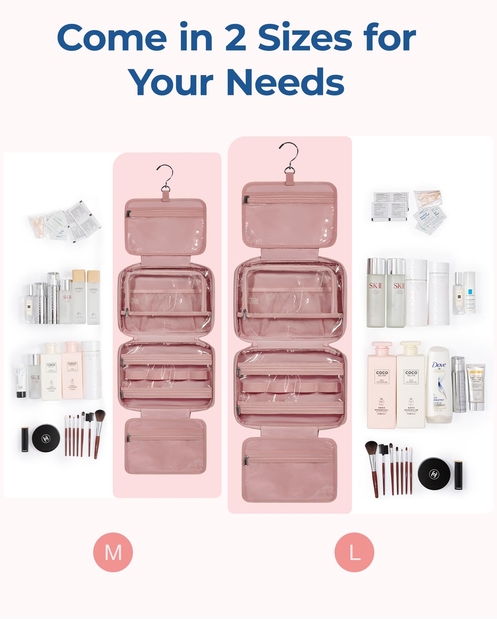 BAGSMART Travel Toiletry Bag with Jewelry Organizer, Puffy Makeup Cosmetic Bag with Hanging Hook for Toiletries Accessories Essentials, Women & Men, Medium Size-Dark Pink