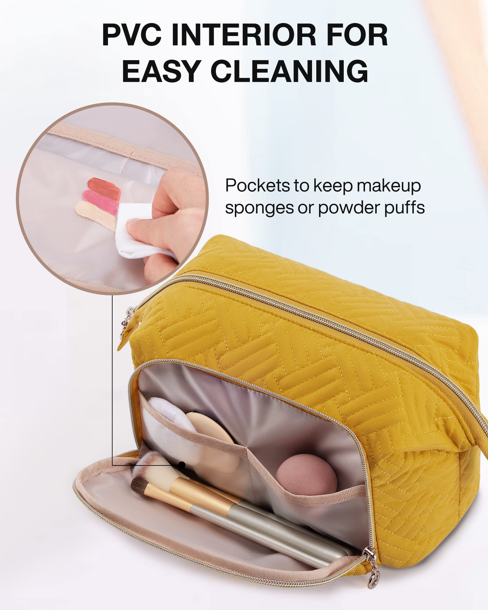 BAGSMART Large Size Makeup Bag Cosmetic Pouch, Travel Toiletry Bag Organizer Case for Lipsticks Electonic Accessories, Waterproof, Portable, Multifunction, Women and Girls, Yellow