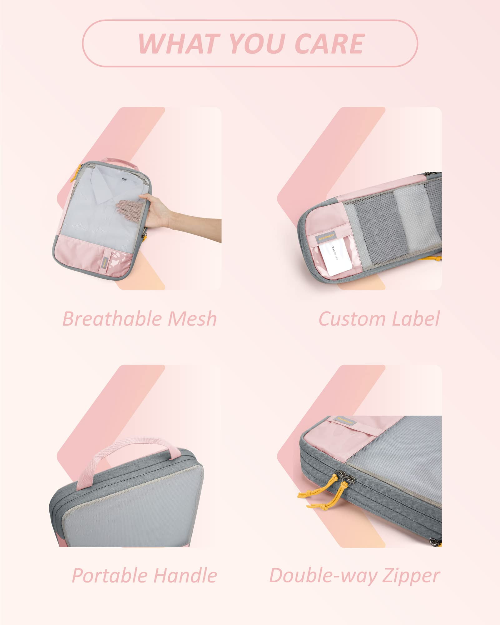 BAGSMART Compression Packing Cubes for Travel Luggage Organizers, 6 Set Expandable Foldable Lightweight Suitcase Storage Bags for Women Men, Travel Accessories Essentials, Baby Pink