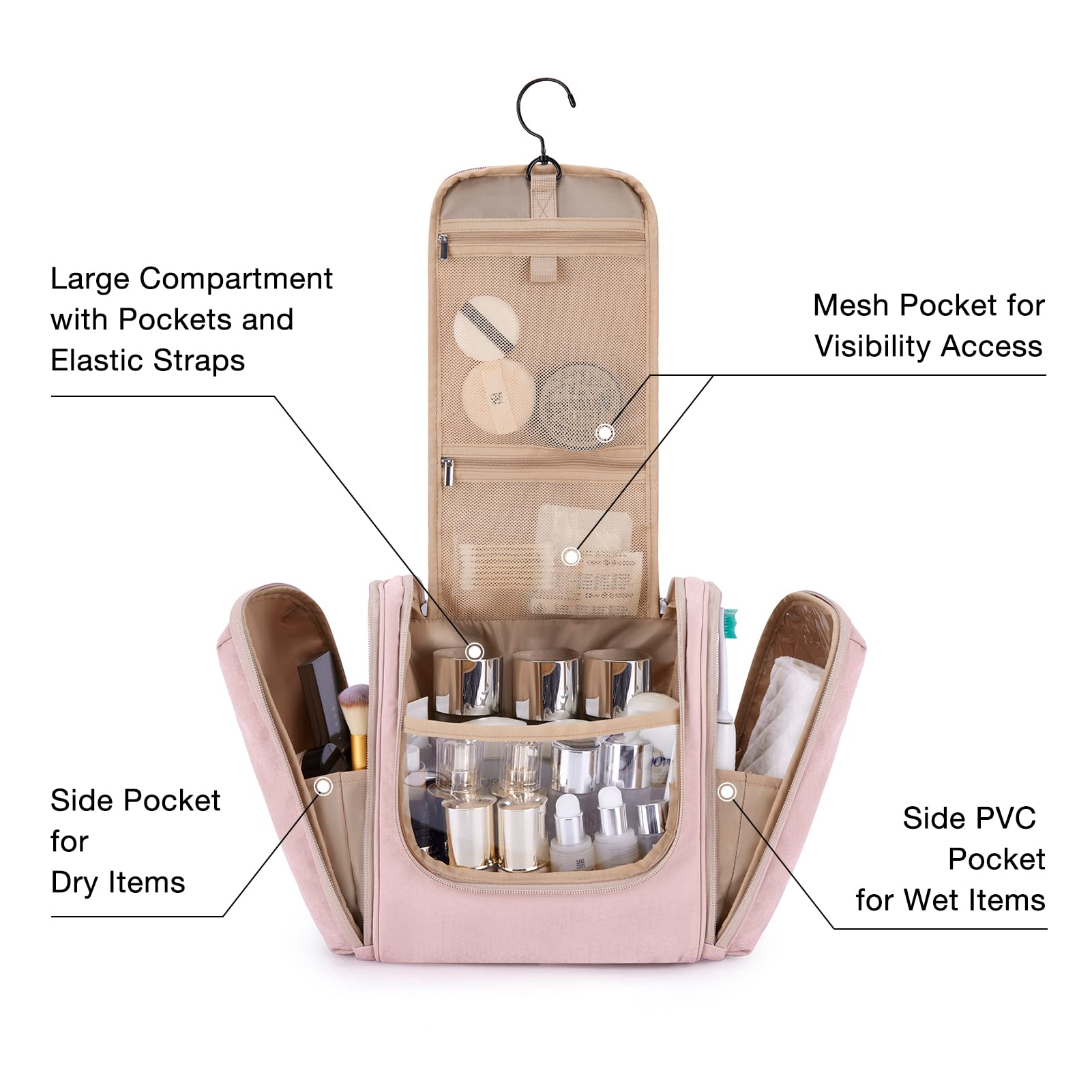 BAGSMART Extra Large Toiletry Bag Hanging Travel Makeup Cosmetic Bag, Water-resistant Large Capacity Travel Toiletries Organizer for Essentials, Women & Men, Baby Pink