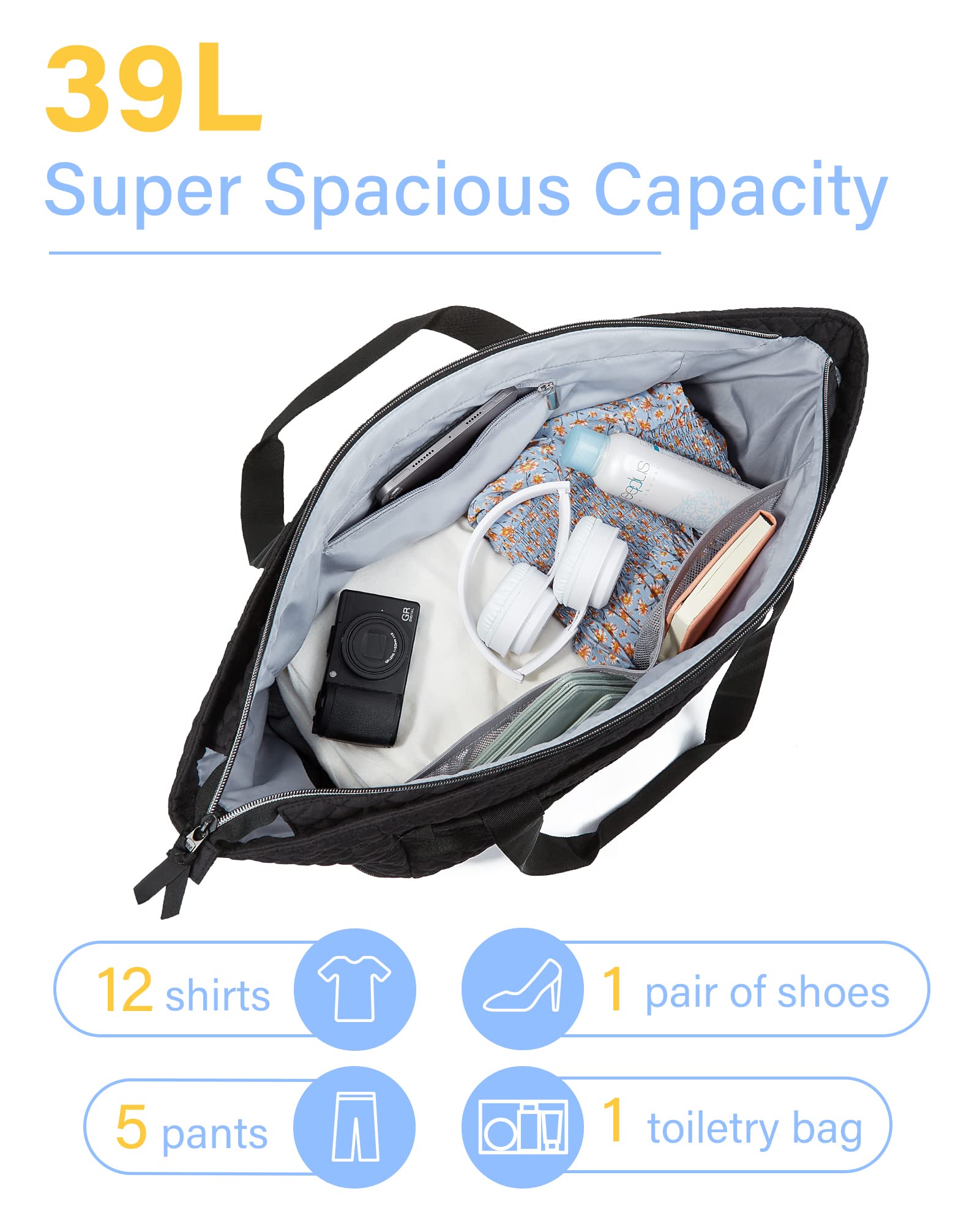 BAGSMART Weekender Overnight Bag for Women Tote Bag, 39L Large Travel Duffle Bag Carry On Gym Bag with Luggage Sleeve and Shoe Compartment, Ladies Shoulder Handbags Top Handle Purses, Black