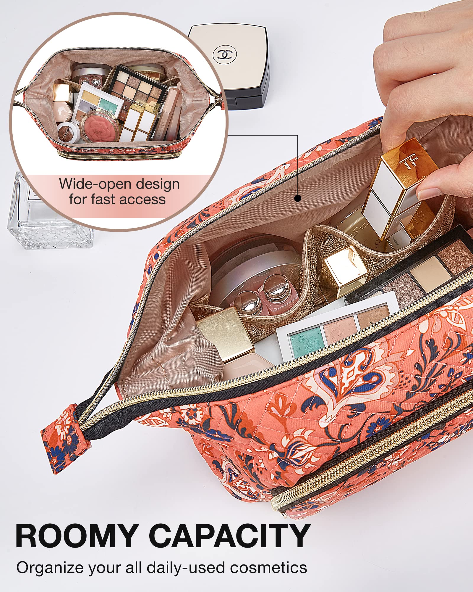 BAGSMART Large Size Makeup Bag Cosmetic Pouch, Travel Toiletry Bag Organizer Case for Lipsticks Electonic Accessories, Waterproof, Portable, Multifunction, Women and Girls, Paisley Red