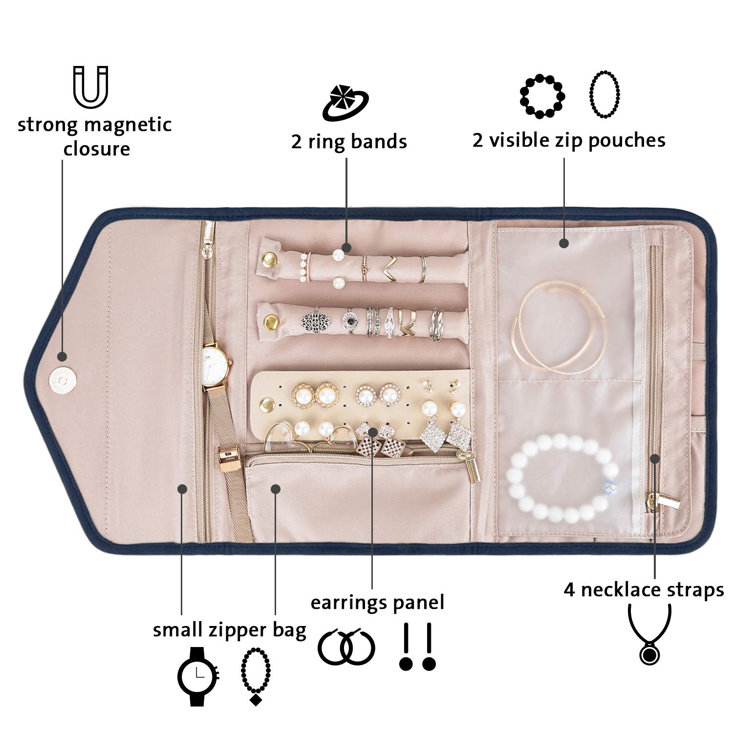 BAGSMART Travel Jewelry Organizer Storage Roll Foldable Jewelry Case Bag for Earrings, Journey-Rings, Necklaces, Bracelets, Brooches, Medium Size, Smokey Blue