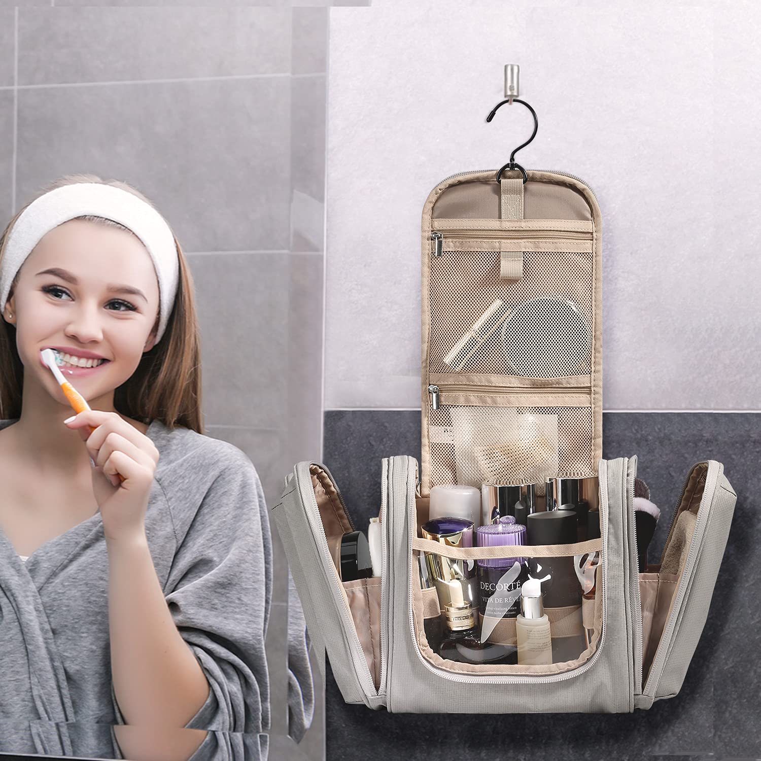 BAGSMART Extra Large Toiletry Bag Hanging Travel Makeup Cosmetic Bag, Water-resistant Large Capacity Travel Toiletries Organizer for Essentials, Women & Men, Medium Size-Gray