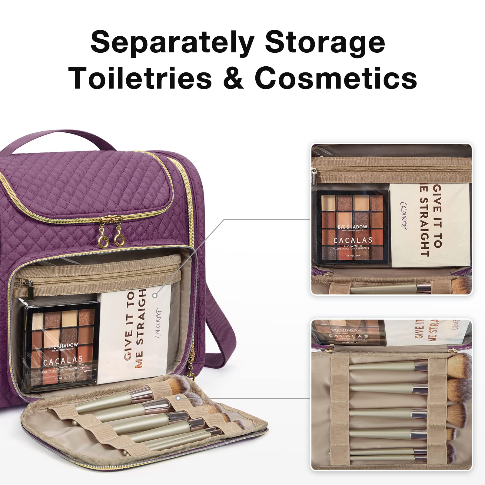 BAGSMART Large Capacity Travel Toiletry Bag, Water-resistant Makeup Cosmetic Bag with Hanging Hook, Travel Toiletries Accessories Organizer Essentials, Full Sized Container, Purple