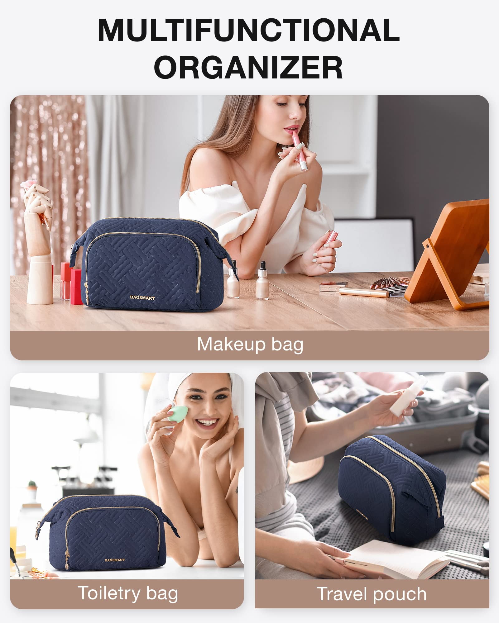 BAGSMART Large Size Makeup Bag Cosmetic Pouch, Travel Toiletry Bag Organizer Case for Lipsticks Electonic Accessories, Waterproof, Portable, Multifunction, Women and Girls, Dark Blue