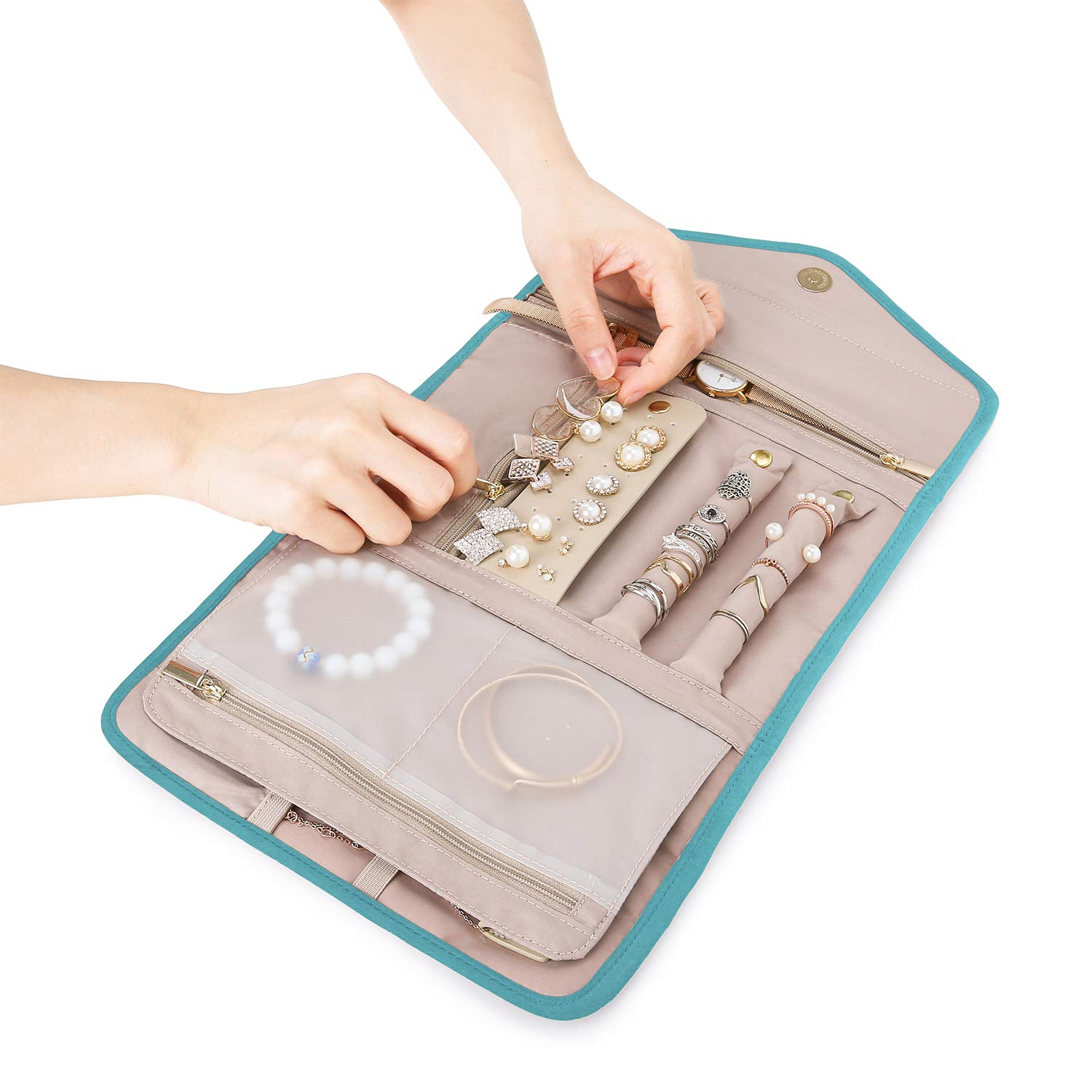 BAGSMART Travel Jewelry Organizer Storage Roll Foldable Jewelry Case Bag for Earrings, Journey-Rings, Necklaces, Bracelets, Brooches, Medium Size, Teal