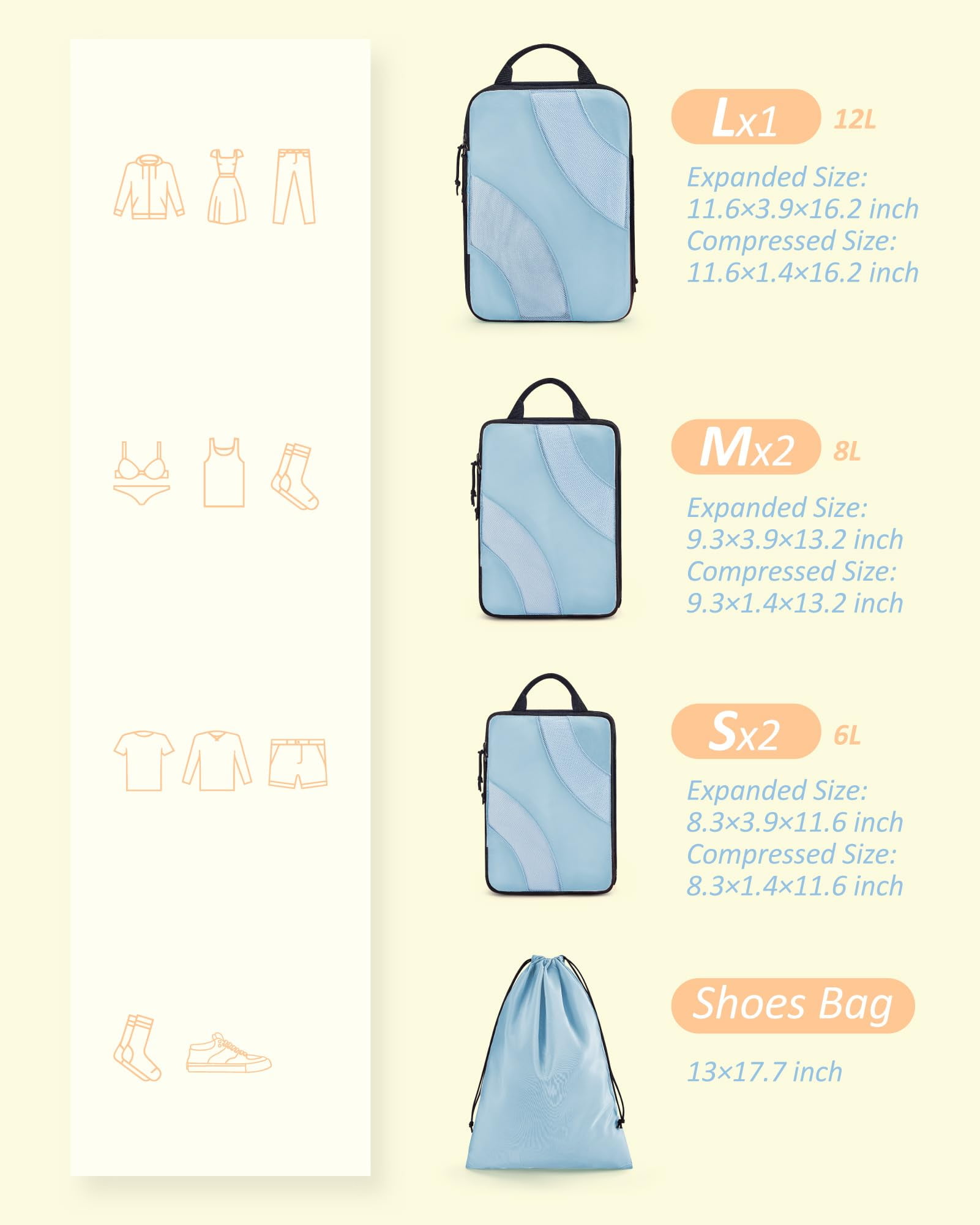 BAGSMART Compression Packing Cubes for Luggage, 6 Piece Travel Packing Organizers Set, Expandable Foldable Lightweight Suitcase Storage Bags for Travel Accessories Essentials, Sky Blue