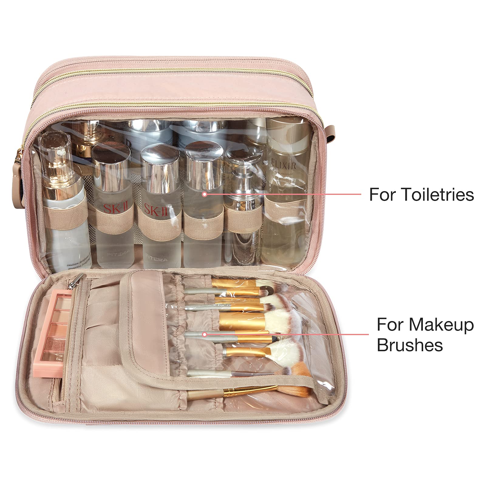 BAGSMART Large Travel Toiletry Bag Organizer, Water-resistant Makeup Cosmetic Bag for Toiletries Accessories Essentials, Shampoo, Full Sized Container, Women & Men, Medium-Pink