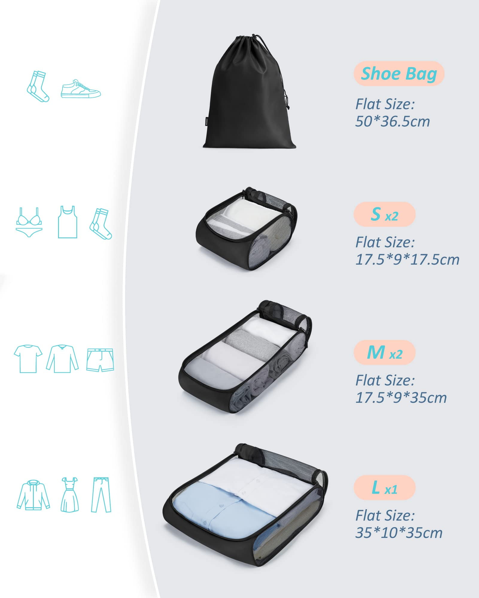 BAGSMART Packing Cubes for Luggage, 7 Set Keep Shape Travel Packing Organizers, Lightweight Suitcase Storage Bags for Travel Accessories with Shoe Bag for Women Men, Black