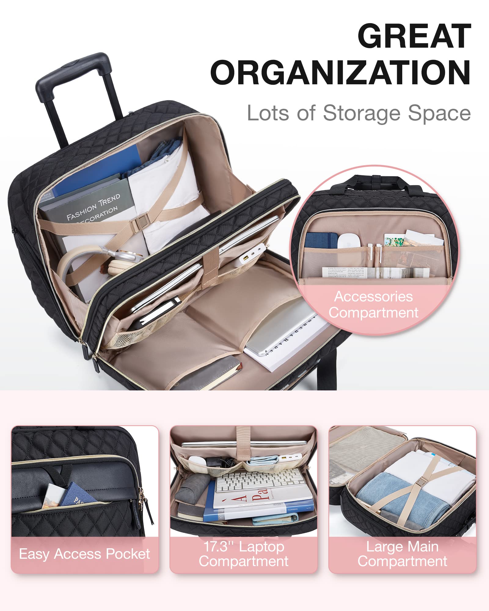 BAGSMART 17.3” Rolling Laptop Bag Briefcase, Computer Bag Laptop  Case Carry-on Luggage Bag with Wheels for Work Business Travel, Women & Men, Quilted Black