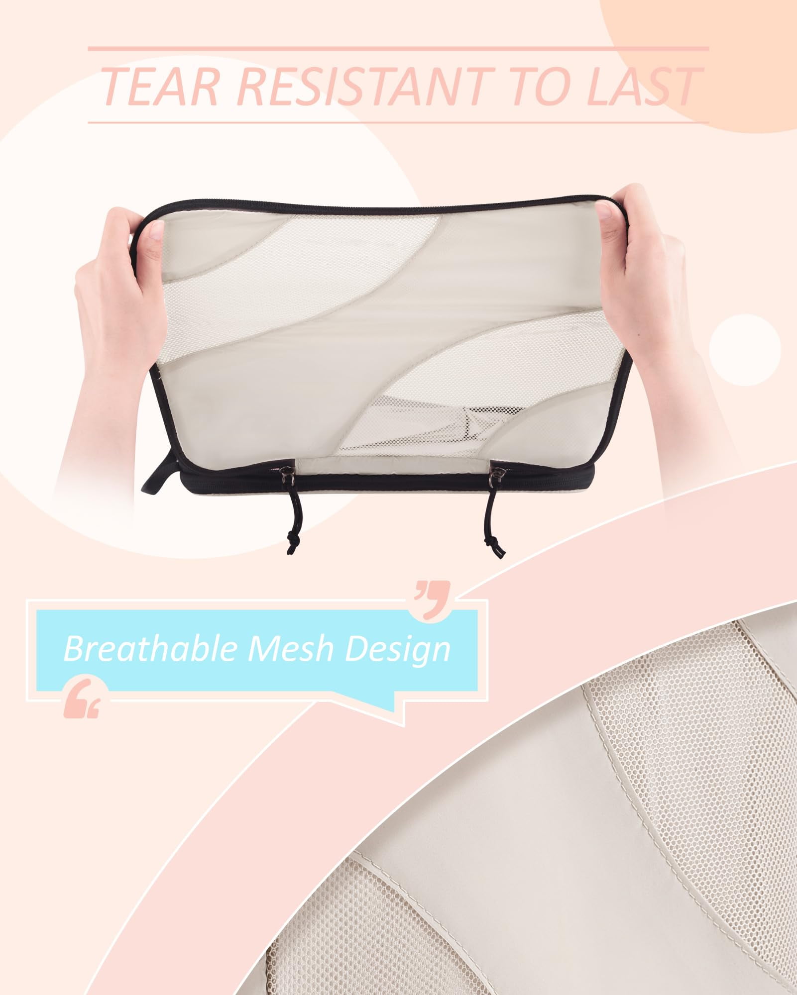 BAGSMART 6 Pcs Compression Packing Cubes, Travel Packing Organizers for Suitcases, Luggage Storage Bags Sets with Shoe Bag, Expandable Foldable Lightweight, White Opal