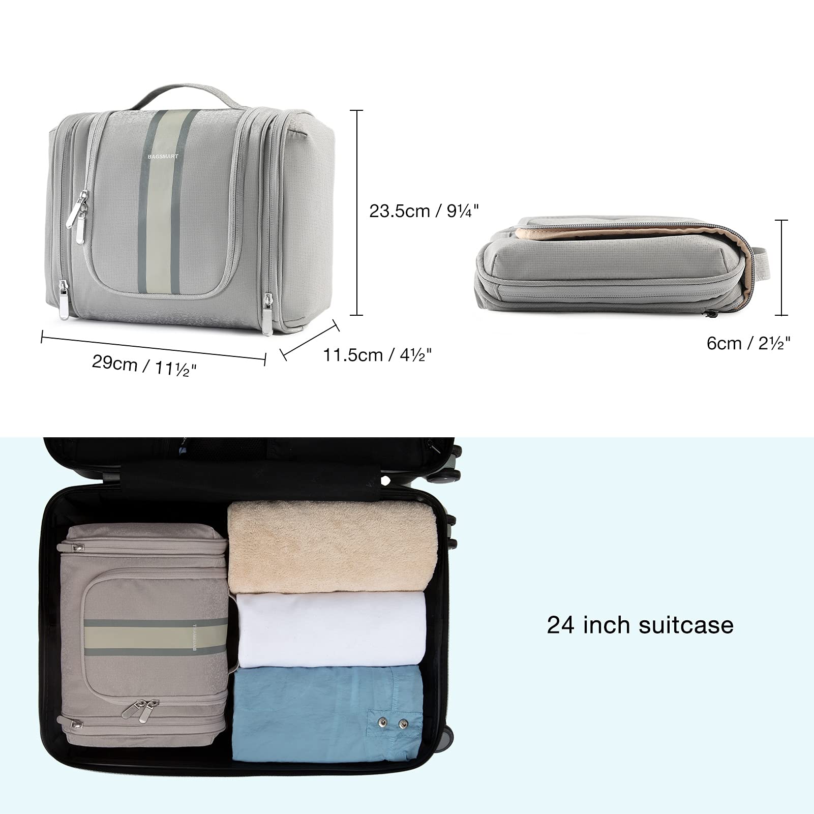BAGSMART Extra Large Toiletry Bag Hanging Travel Makeup Cosmetic Bag, Water-resistant Large Capacity Travel Toiletries Organizer for Essentials, Women & Men, Medium Size-Gray
