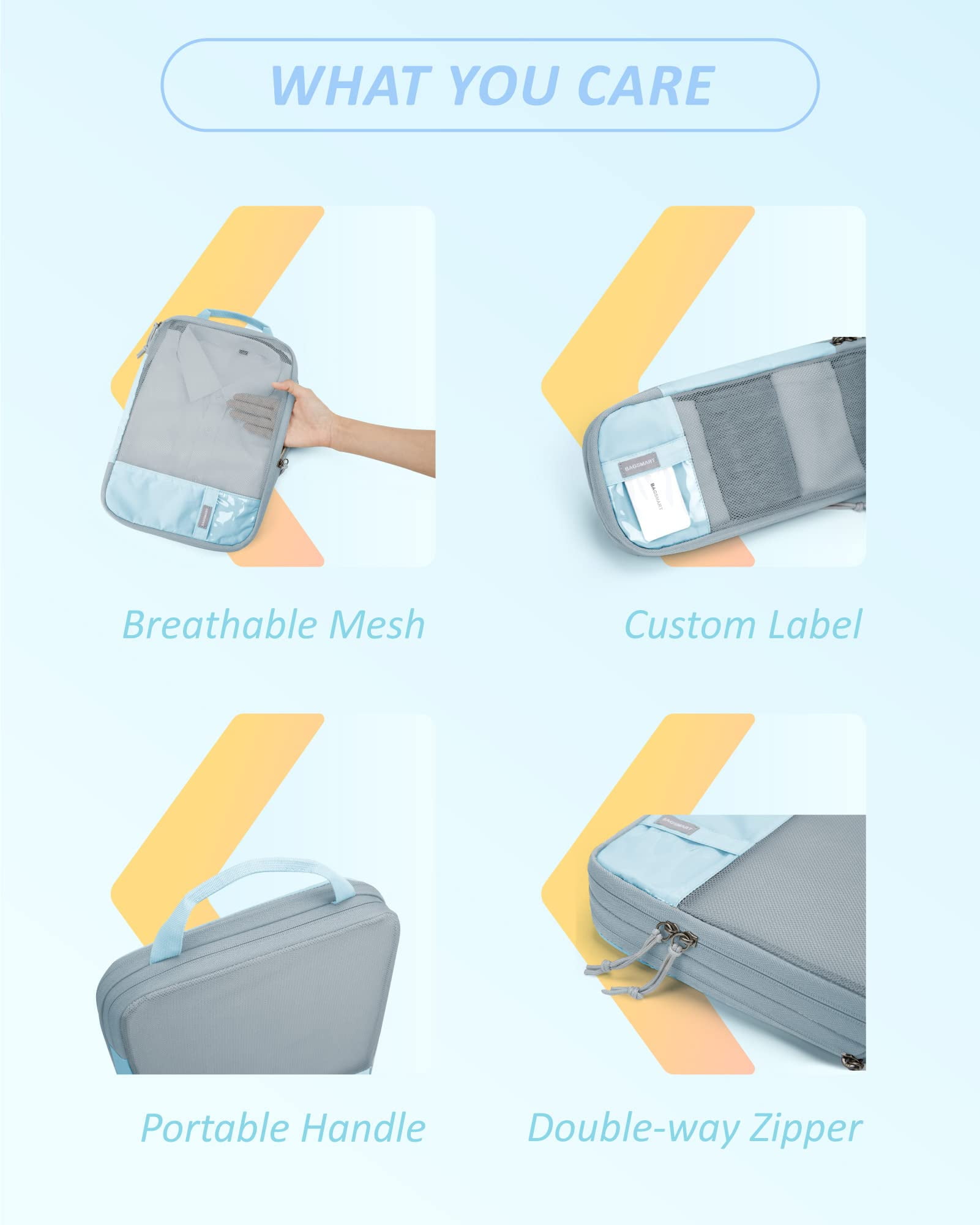 BAGSMART Compression Packing Cubes for Travel Luggage Organizers, 6 Set Expandable Foldable Lightweight Suitcase Storage Bags for Women Men, Travel Accessories Essentials, Light Blue