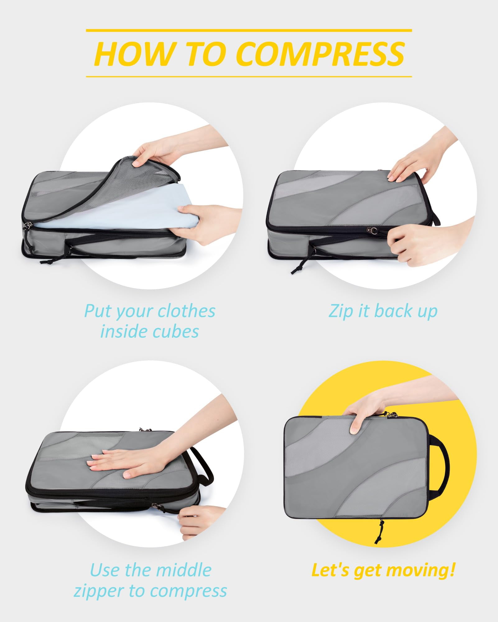 BAGSMART Compression Packing Cubes for Luggage, 6 Piece Travel Packing Organizers Set, Expandable Foldable Lightweight Suitcase Storage Bags for Travel Accessories Essentials, Gray