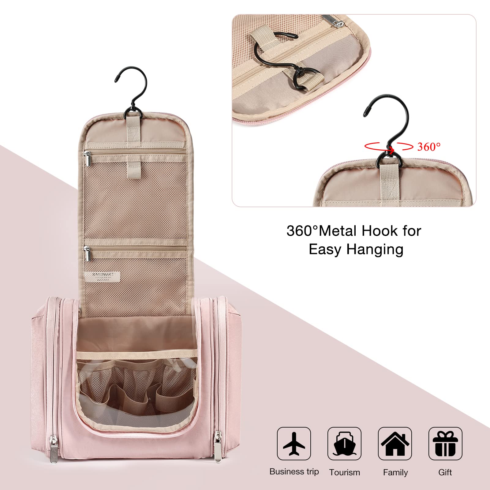 BAGSMART Extra Large Toiletry Bag Hanging Travel Makeup Cosmetic Bag, Water-resistant Large Capacity Travel Toiletries Organizer for Essentials, Women & Men, Baby Pink