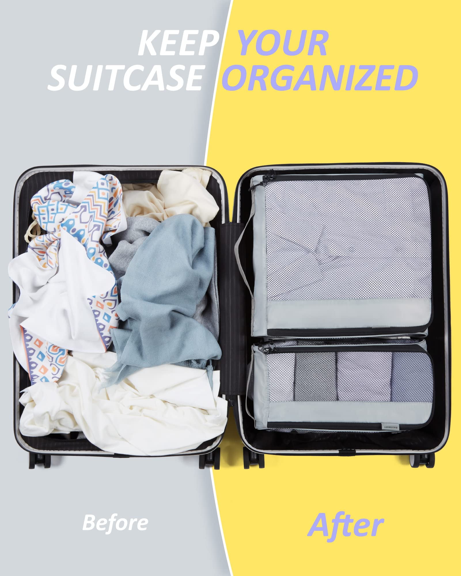 BAGSMART Packing Cubes for Luggage, 7 Set Keep Shape Travel Packing Organizers, Lightweight Suitcase Storage Bags for Travel Accessories with Shoe Bag for Women Men, Gray