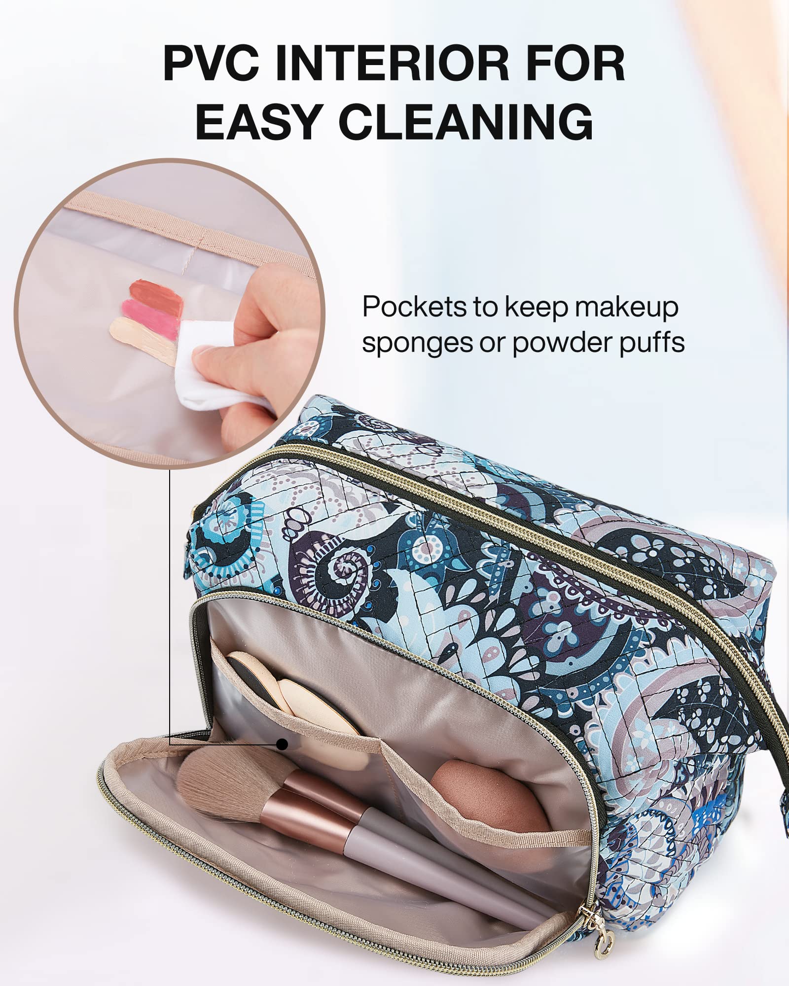 BAGSMART Large Size Makeup Bag Cosmetic Pouch, Travel Toiletry Bag Organizer Case for Lipsticks Electonic Accessories, Waterproof, Portable, Multifunction, Women and Girls, Paisley Black