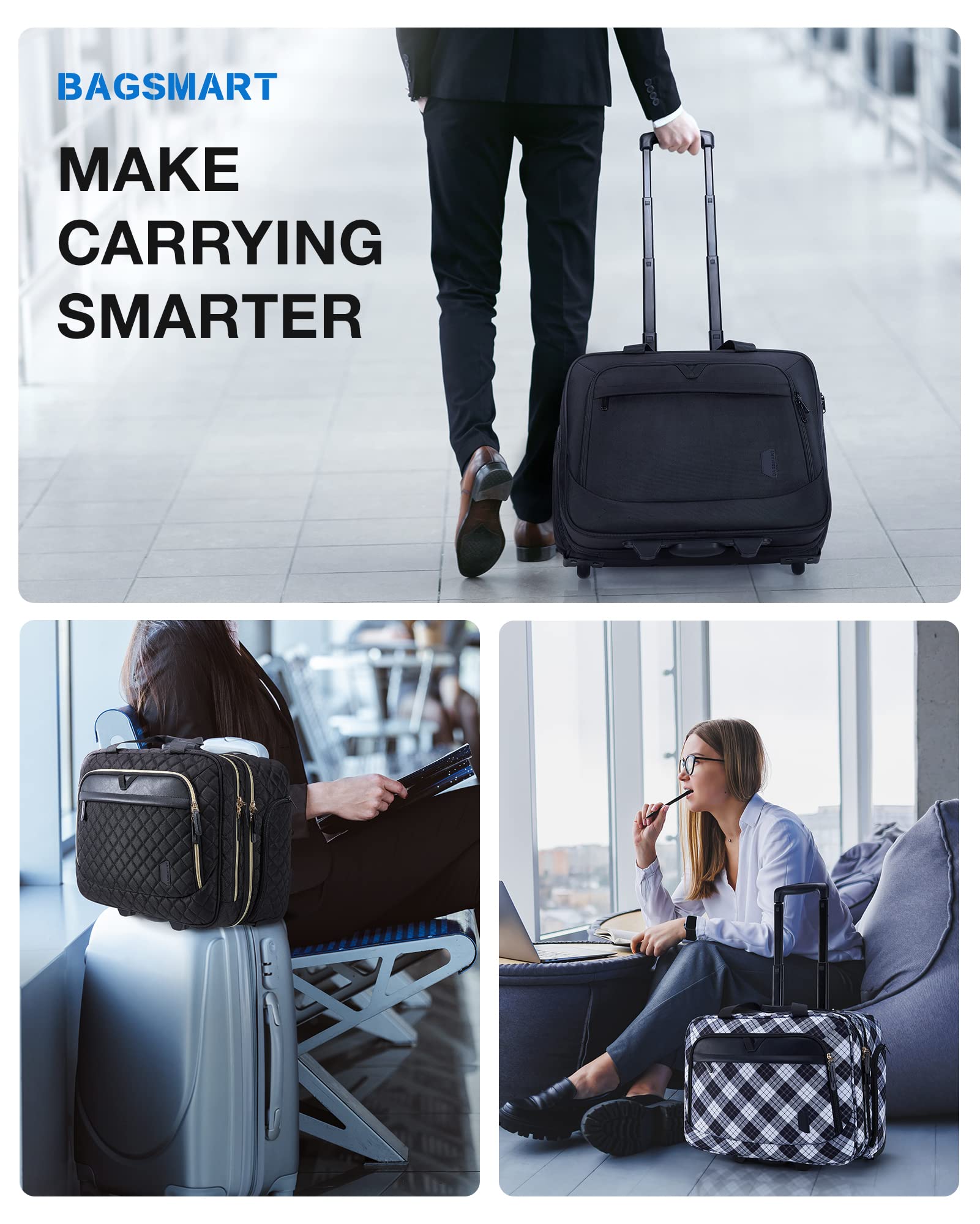 BAGSMART 17.3” Rolling Laptop Bag Briefcase, Computer Bag Laptop  Case Carry-on Luggage Bag with Wheels for Work Business Travel, Women & Men, Black