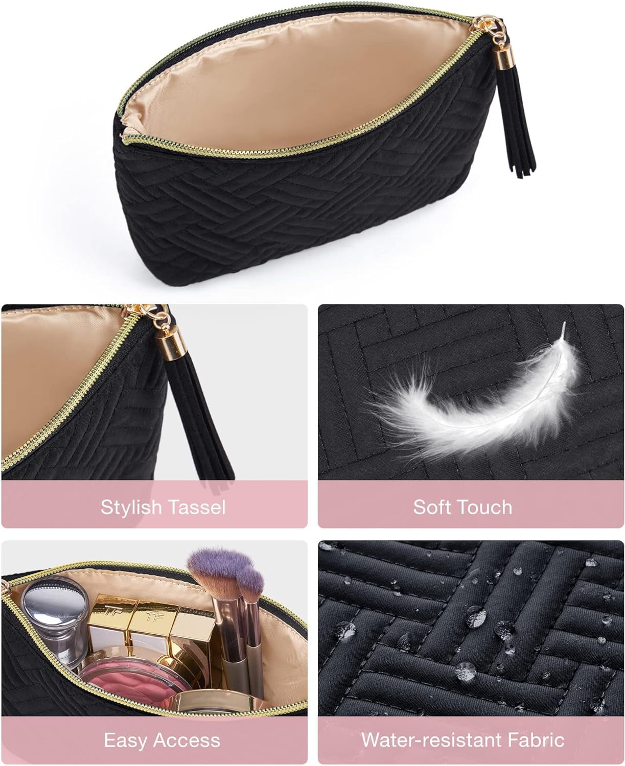 BAGSMART Makeup Bag Small Cosmetic Pouch Toiletry Bag Travel Organizer Case for Lipsticks Electonic Accessories, Waterproof, Portable, Multifunction, Women and Girls, 1 Pcs Black