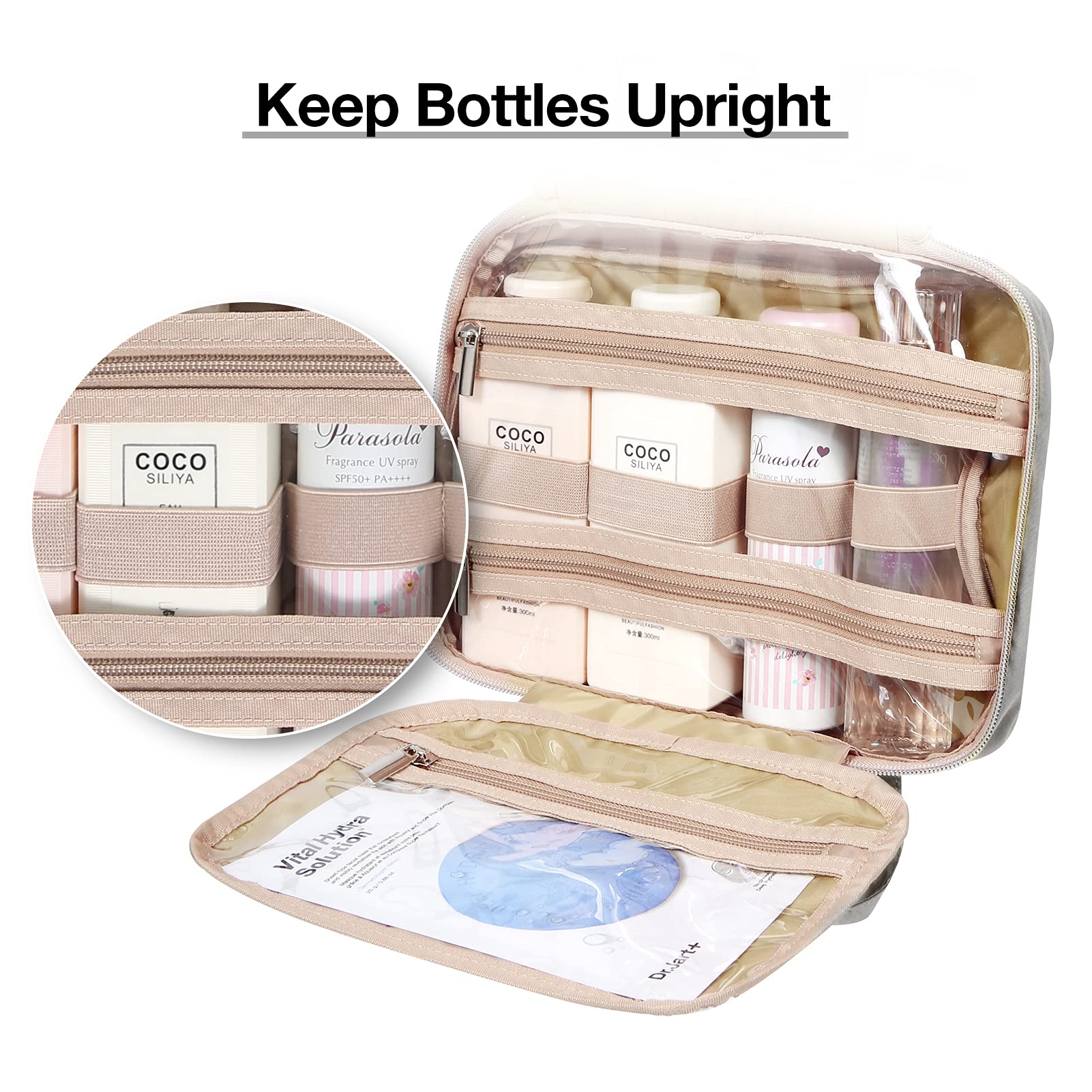 BAGSMART Travel Toiletry Bag Set with TSA Approved Transparent Cosmetic Makeup Bag, Hanging Travel Toiletries Organizer for Full Sized Accessories Essentials, Large Size, Gray