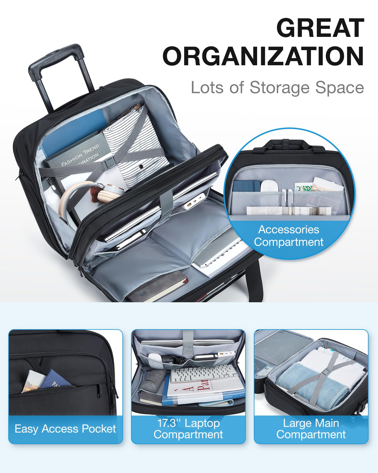 BAGSMART 17.3” Rolling Laptop Bag Briefcase, Computer Bag Laptop  Case Carry-on Luggage Bag with Wheels for Work Business Travel, Women & Men, Black