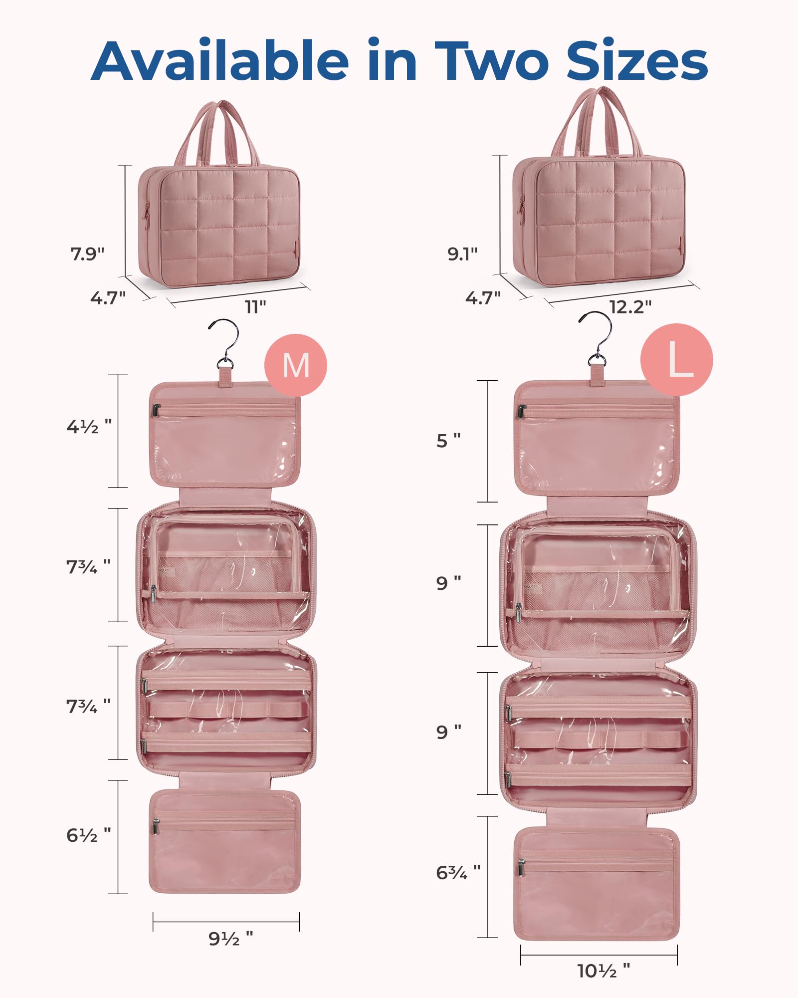 BAGSMART Travel Toiletry Bag with Jewelry Organizer, Puffy Makeup Cosmetic Bag with Hanging Hook for Toiletries Accessories Essentials, Women & Men, Medium Size-Dark Pink