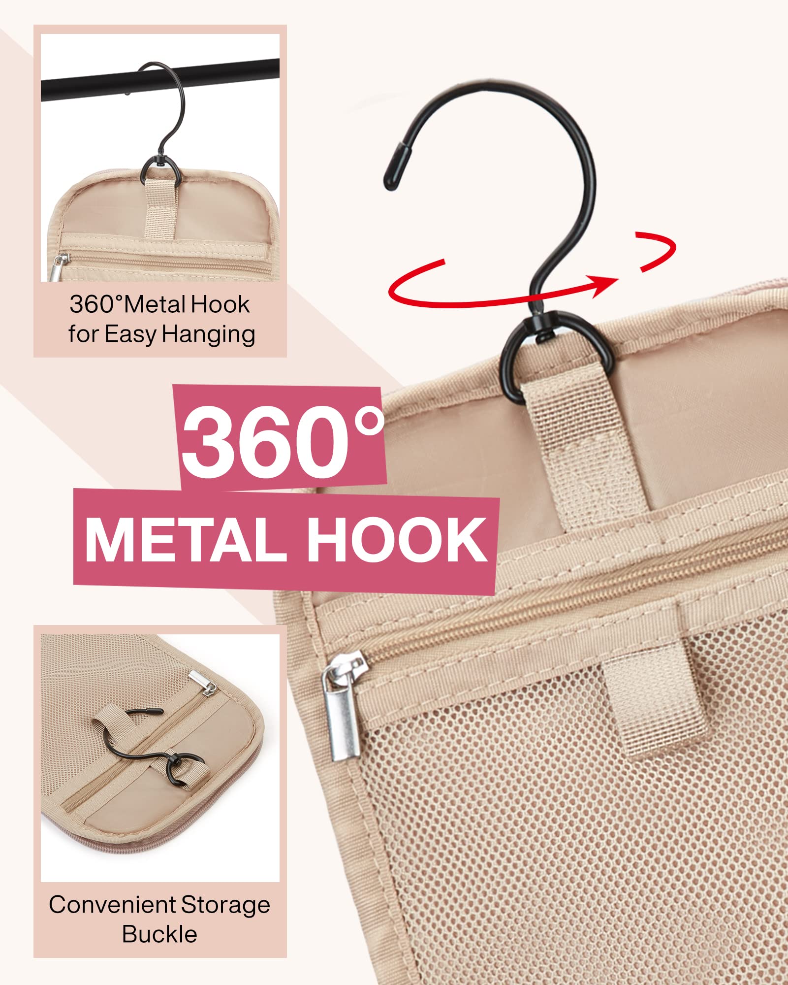 BAGSMART Full Sized Travel Toiletry Bag, Water-resistant Cosmetic Makeup Bag with Hanging Hook, Large Capacity Travel Toiletries Organizer Accessories Essentials for Women & Men, Pink