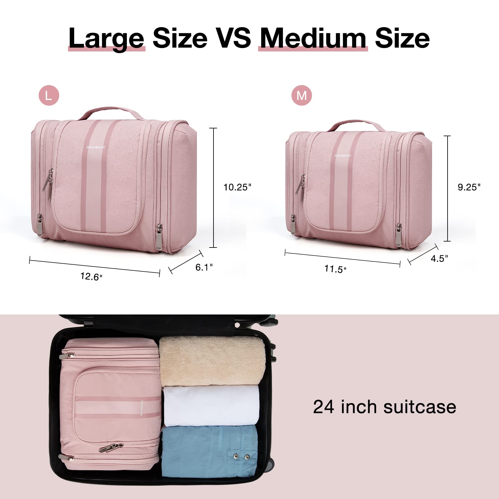 BAGSMART Extra Large Toiletry Bag Hanging Travel Makeup Cosmetic Bag, Water-resistant Large Capacity Travel Toiletries Organizer for Essentials, Women & Men, Baby Pink