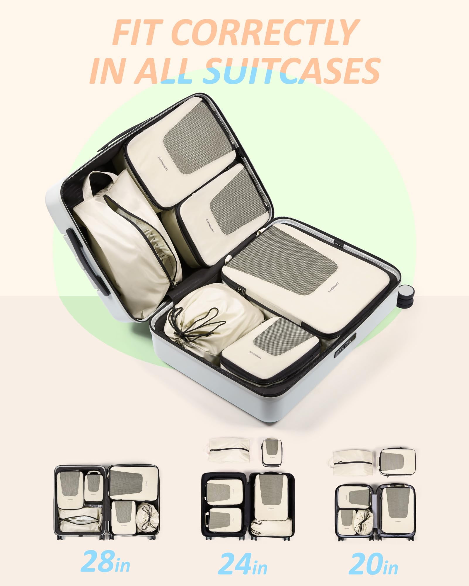 BAGSMART Set of 6 Compression Packing Cubes for Travel, Packing Organizers for Suitcases, Luggage Storage Bags Sets with Shoe & Laundry Bag, Expandable Foldable Lightweight, White Opal