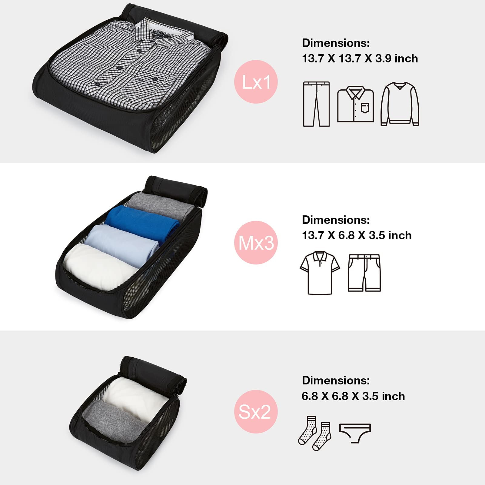 BAGSMART 6 Piece Packing Cubes Set for Travel, Suitcases Packing Organizers, Lightweight Luggage Storage Bags for Men Women, Black