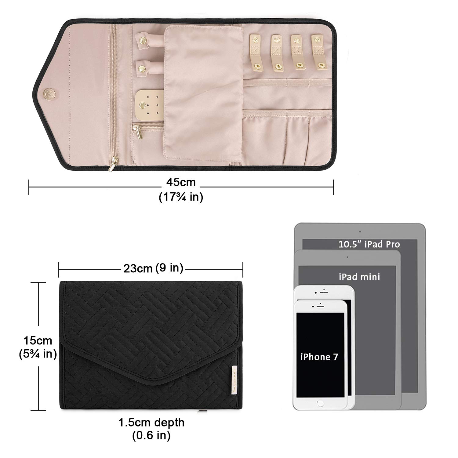 BAGSMART Travel Jewelry Organizer Storage Roll Foldable Jewelry Case Bag for Earrings, Journey-Rings, Necklaces, Bracelets, Brooches, Medium Size, Black01