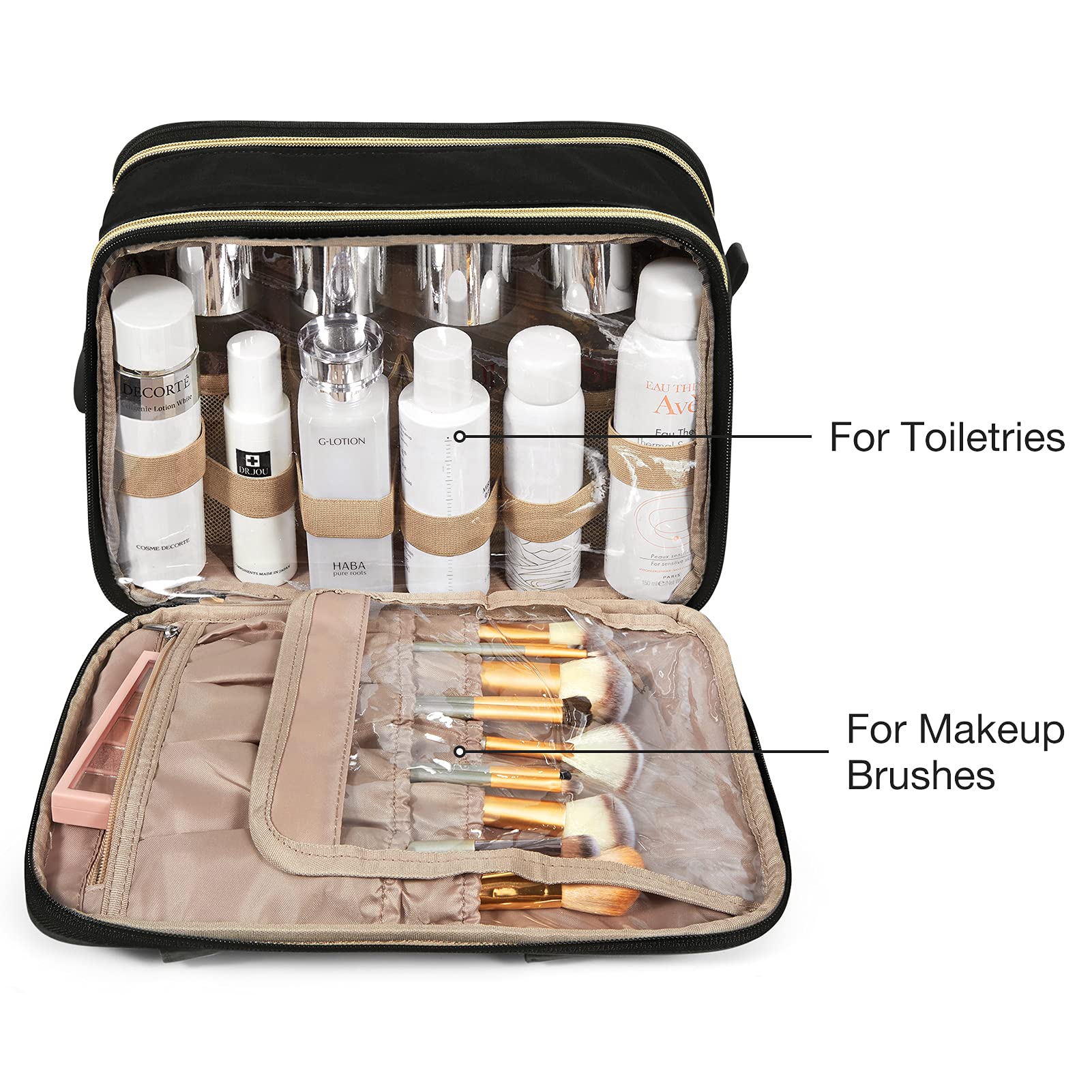BAGSMART Large Size Travel Toiletry Bag Organizer, Water-resistant Makeup Cosmetic Bag for Toiletries Accessories Essentials, Shampoo, Full Sized Container, Women & Men, Black