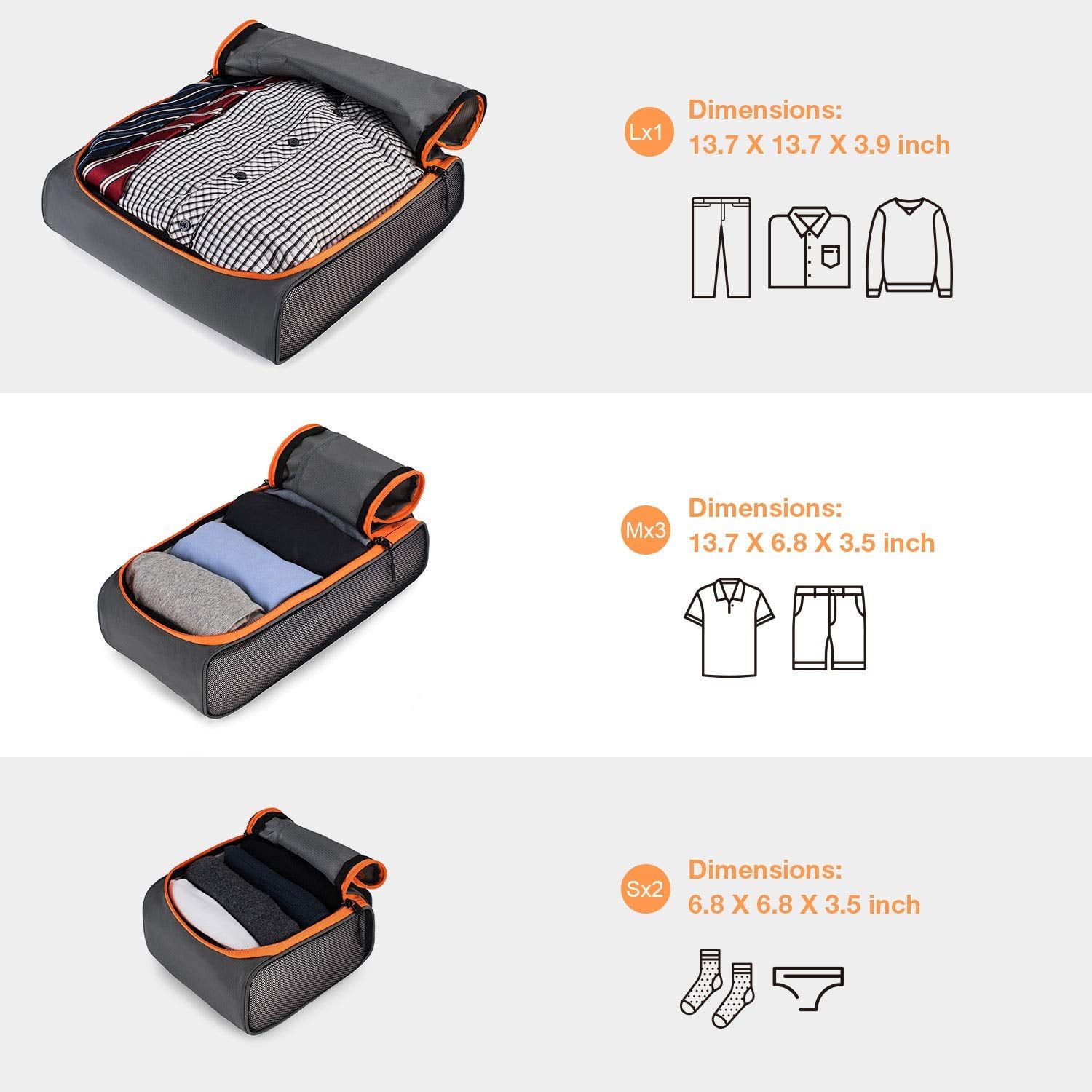 BAGSMART 6 Piece Packing Cubes Set for Travel, Suitcases Packing Organizers, Lightweight Luggage Storage Bags for Men Women, Gray