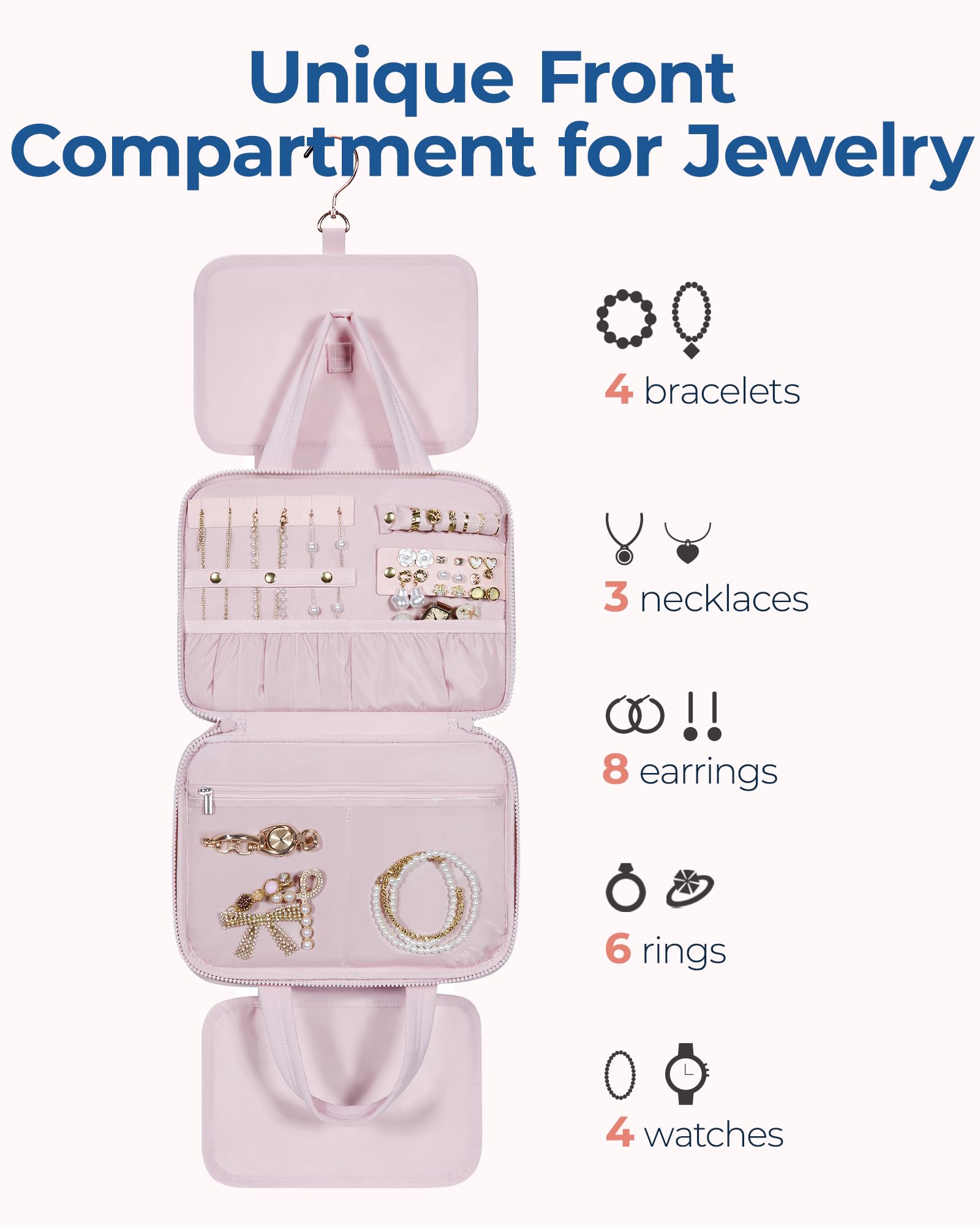 BAGSMART Travel Toiletry Bag with Jewelry Organizer, Puffy Makeup Cosmetic Bag with Hanging Hook for Toiletries Accessories Essentials, Women & Men, Medium Size-Pink