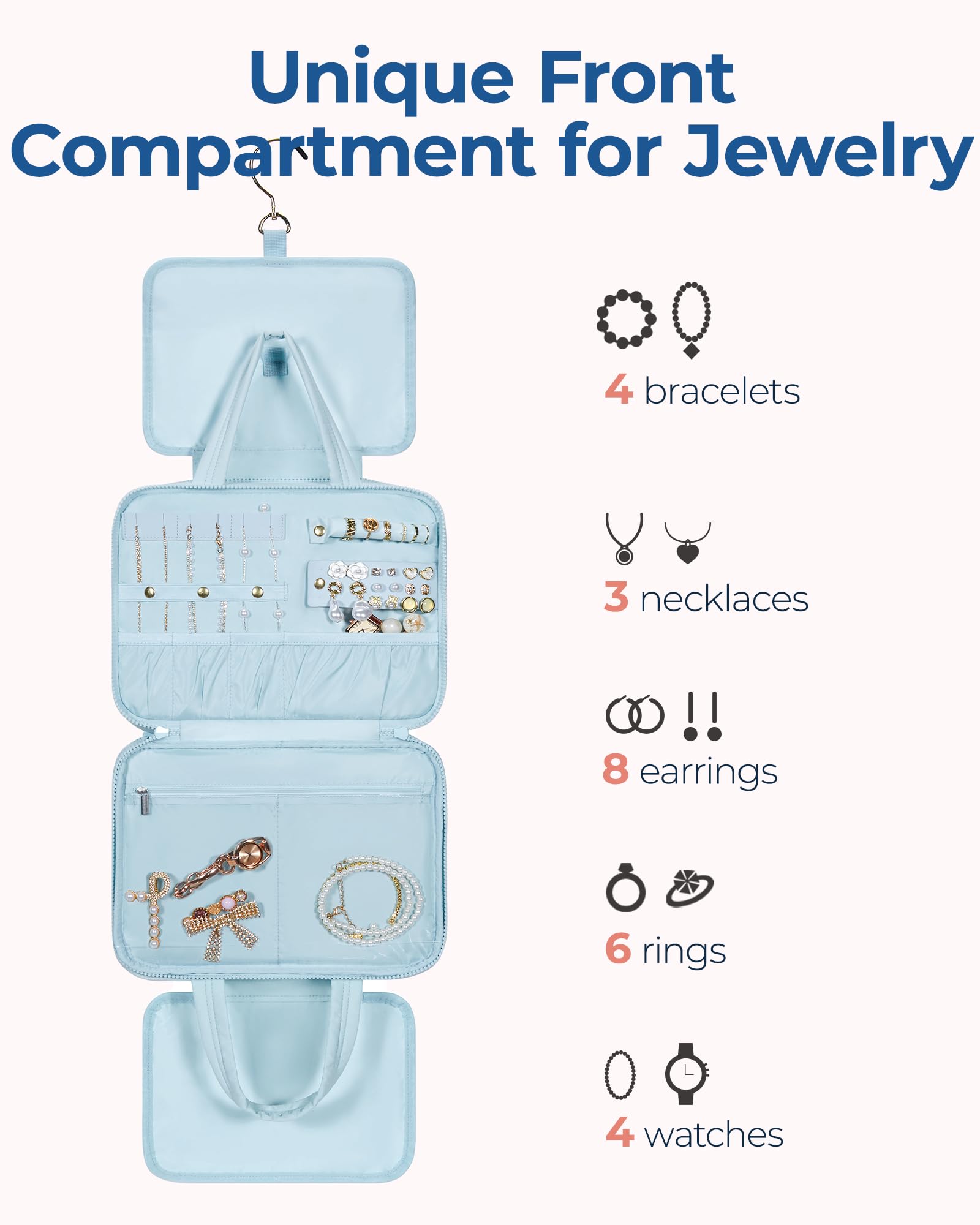 BAGSMART Travel Toiletry Bag with Jewelry Organizer, Puffy Makeup Cosmetic Bag with Hanging Hook for Toiletries Accessories Essentials, Women & Men, Medium Size-Light Blue