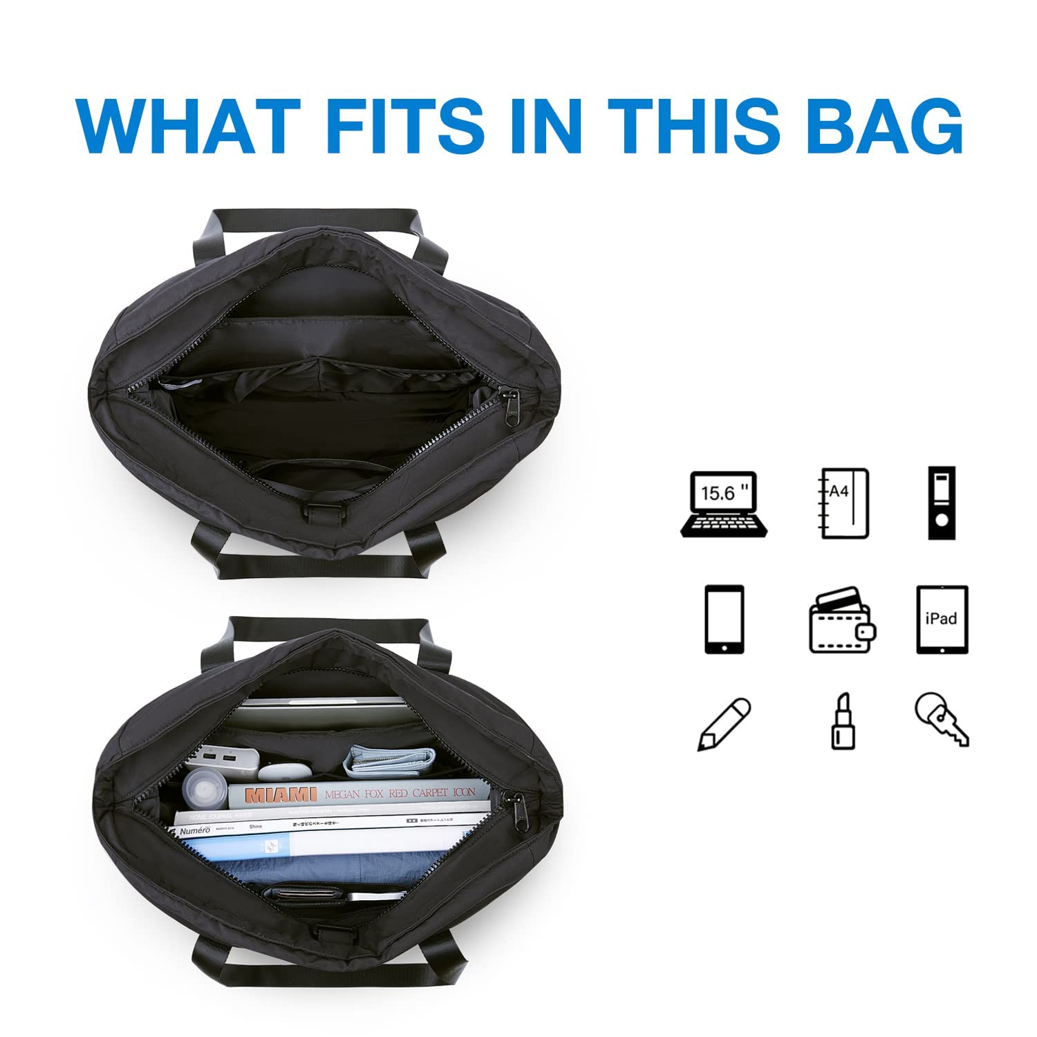 BAGSMART Tote Bag for Women Shoulder Handbags Yoga Mat Bag, Travel Duffel Bag Gym Bag Weekender Overnight Bag for Sports School Work, Multipurpose, Large Size, Black