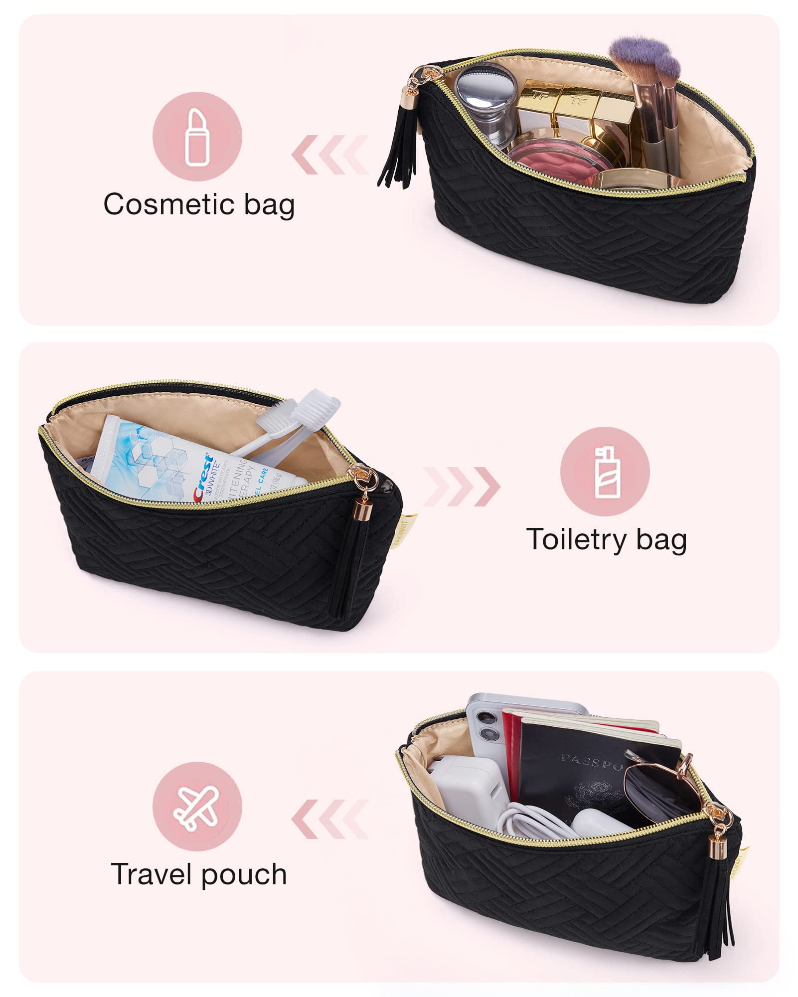 BAGSMART Makeup Bag Small Cosmetic Pouch Toiletry Bag Travel Organizer Case for Lipsticks Electonic Accessories, Waterproof, Portable, Multifunction, Women and Girls, 1 Pcs Black