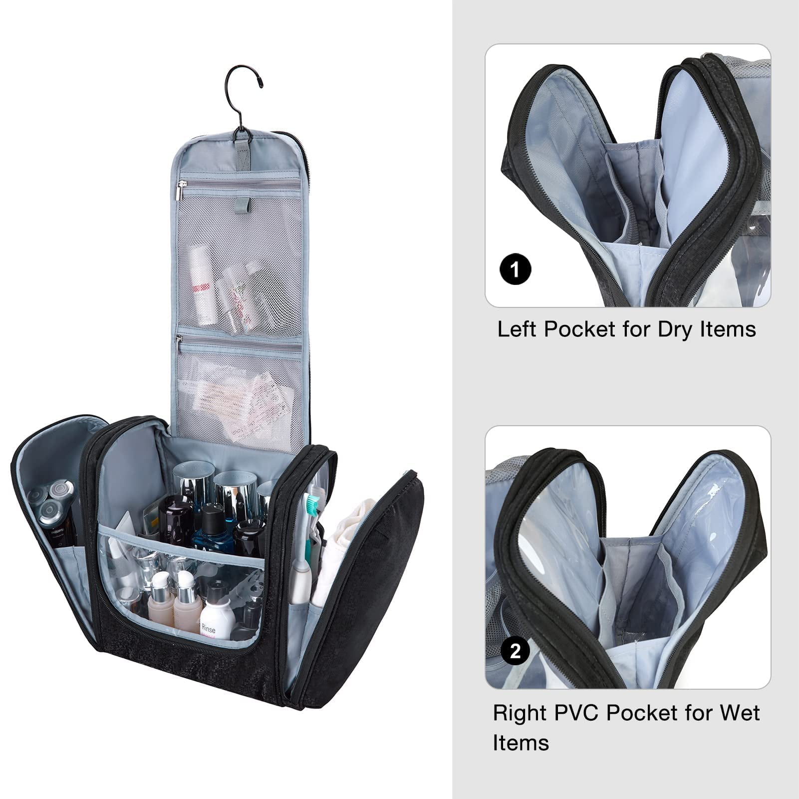 BAGSMART Extra Large Toiletry Bag Hanging Travel Makeup Cosmetic Bag, Water-resistant Large Capacity Travel Toiletries Organizer for Essentials, Women & Men, Black