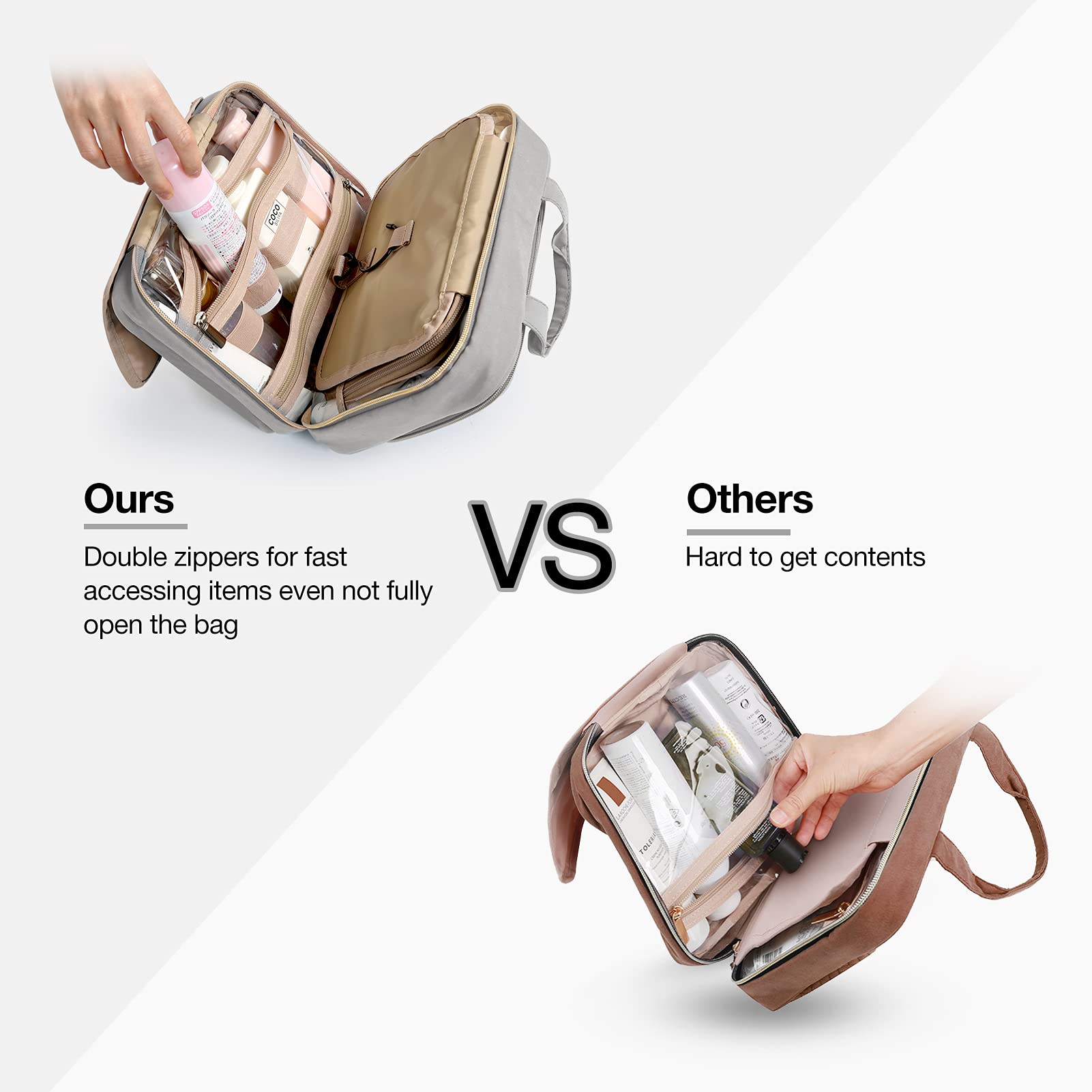 BAGSMART Travel Toiletry Bag Set with TSA Approved Transparent Cosmetic Makeup Bag, Hanging Travel Toiletries Organizer for Full Sized Accessories Essentials, Large Size, Gray