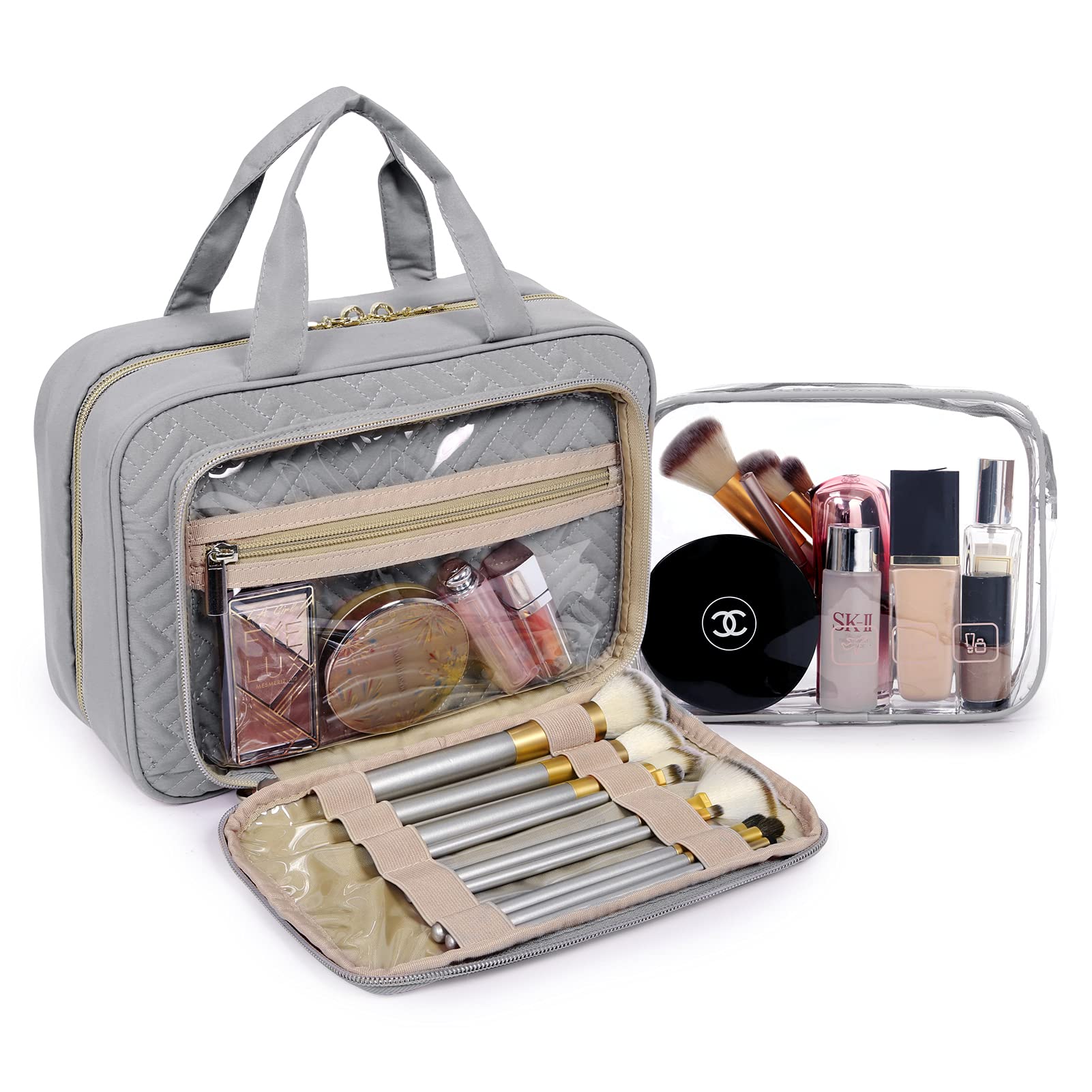 BAGSMART Travel Toiletry Bag Set with TSA Approved Transparent Cosmetic Makeup Bag, Hanging Travel Toiletries Organizer for Full Sized Accessories Essentials, Large Size, Gray