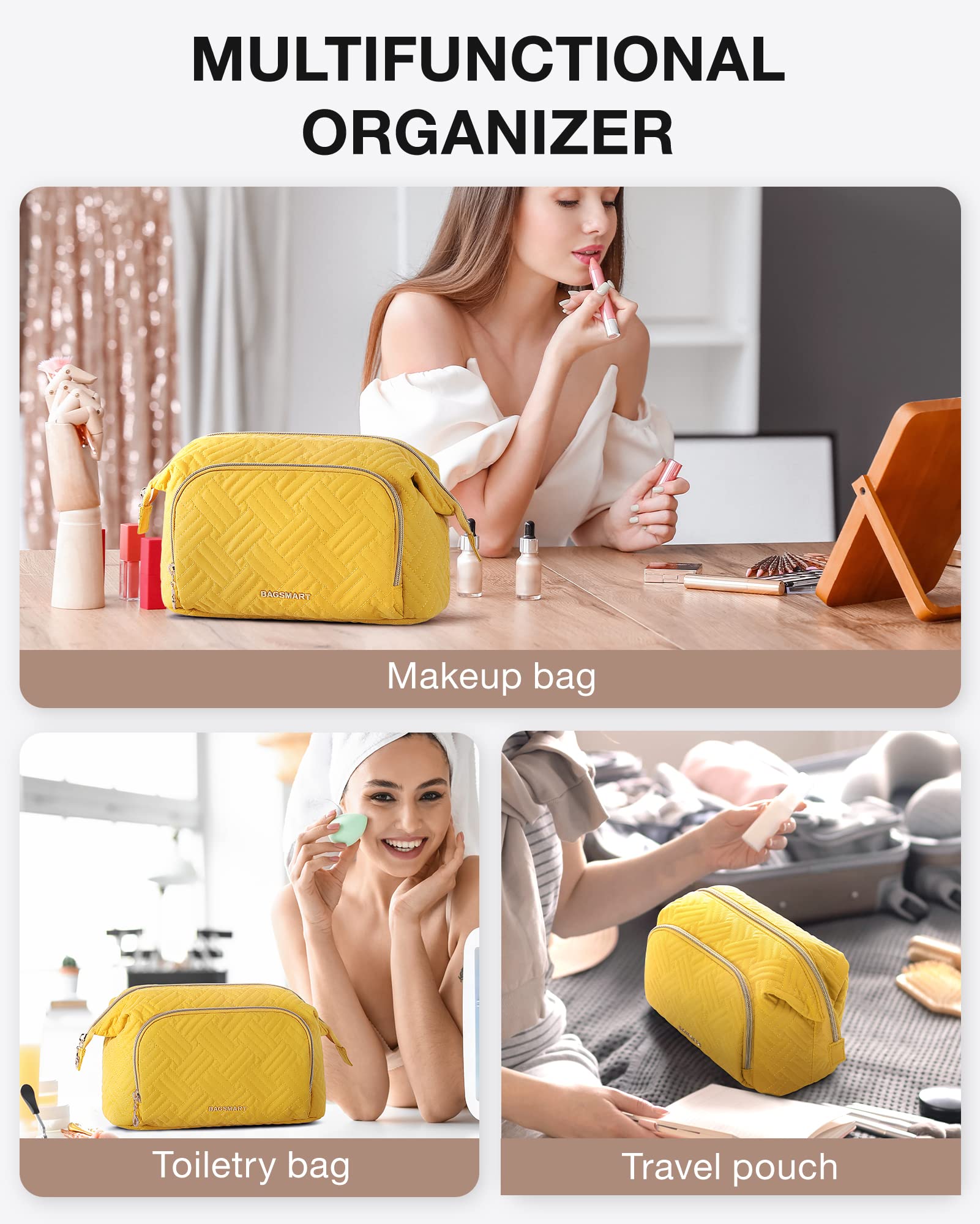 BAGSMART Large Size Makeup Bag Cosmetic Pouch, Travel Toiletry Bag Organizer Case for Lipsticks Electonic Accessories, Waterproof, Portable, Multifunction, Women and Girls, Yellow