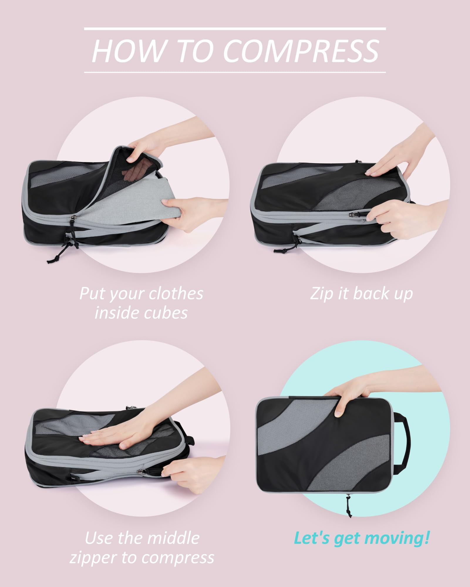 BAGSMART Compression Packing Cubes for Luggage, 6 Piece Travel Packing Organizers Set, Expandable Foldable Lightweight Suitcase Storage Bags for Travel Accessories Essentials, Black