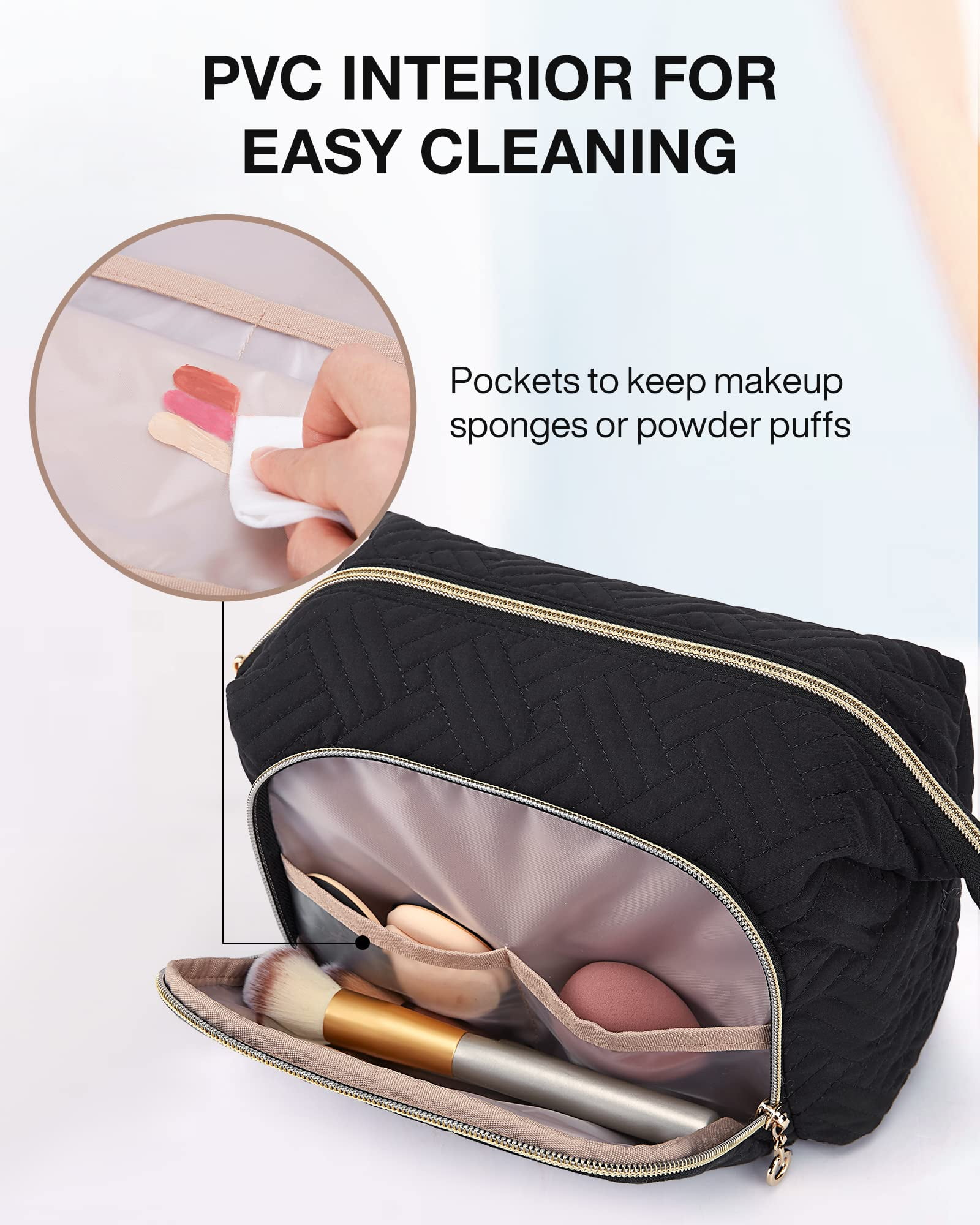 BAGSMART Makeup Bag Cosmetic Pouch, Large Capacity Travel Toiletry Bag Organizer Case for Lipsticks Electonic Accessories, Waterproof, Portable, Multifunction, Women and Girls, Basic-Black