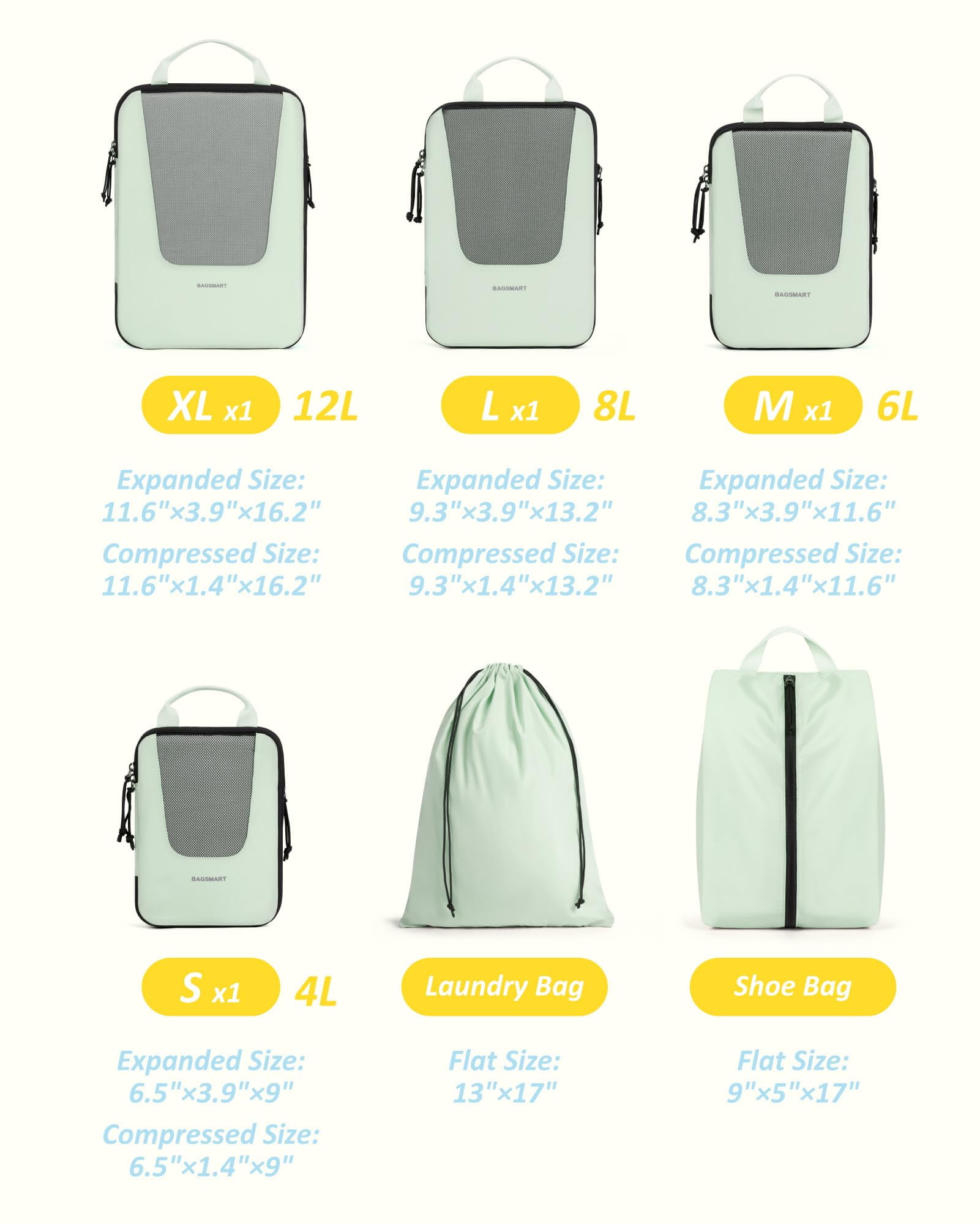 BAGSMART Compression Packing Cubes for Travel Luggage, 6 Piece Expandable Foldable Lightweight Suitcase Organizers Bags Set for Travel Accessories Essentials, Green