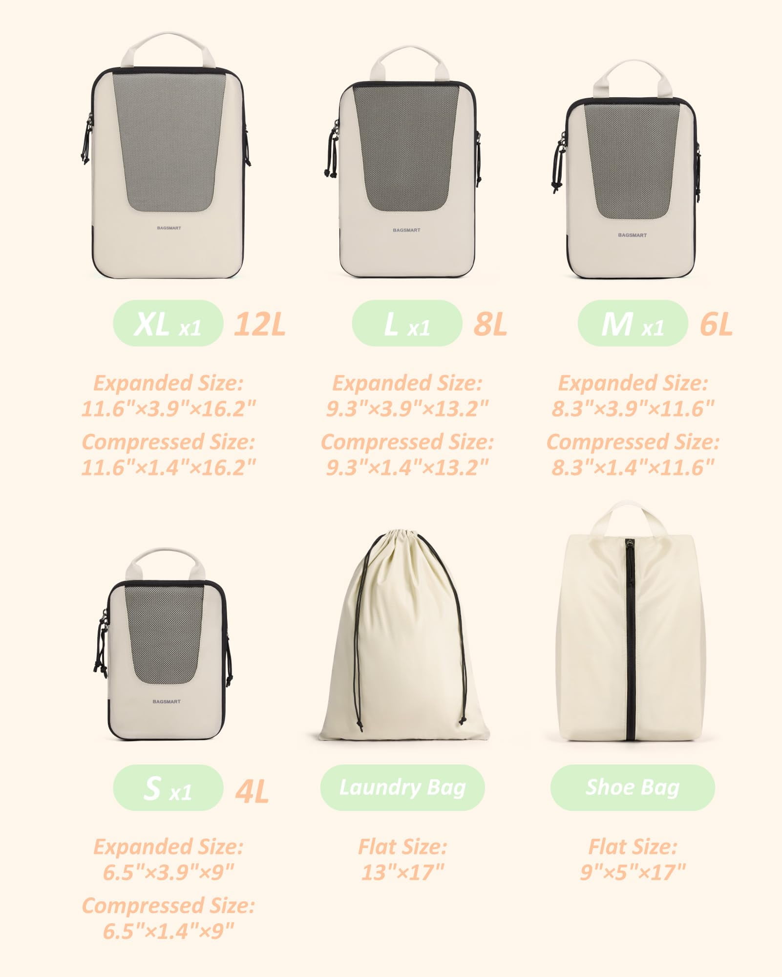 BAGSMART Set of 6 Compression Packing Cubes for Travel, Packing Organizers for Suitcases, Luggage Storage Bags Sets with Shoe & Laundry Bag, Expandable Foldable Lightweight, White Opal